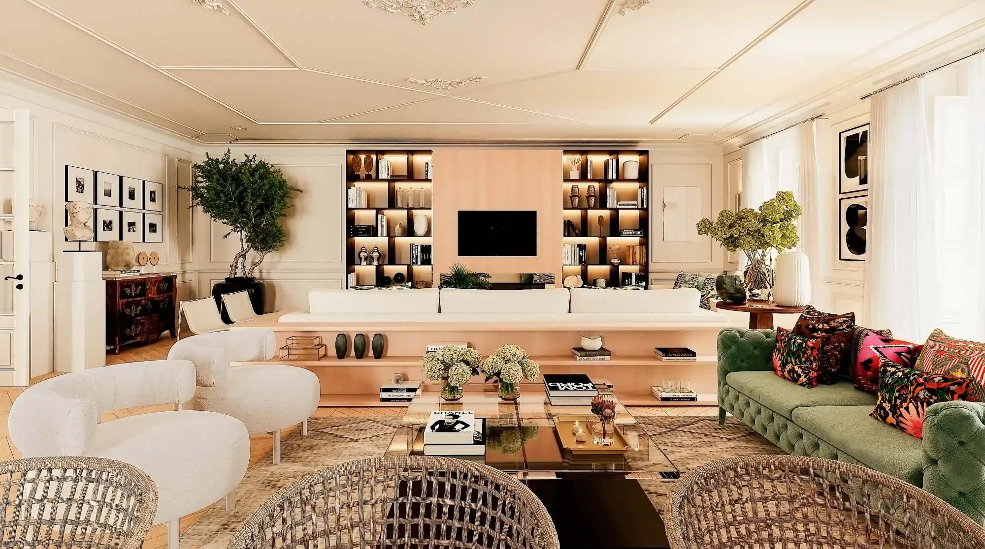 Zona de TV com estante em metal iluminada e painel em madeira com TV e lareira, sofá verde e cadeirões em  bouclé, decoração por Margarida Bugarim