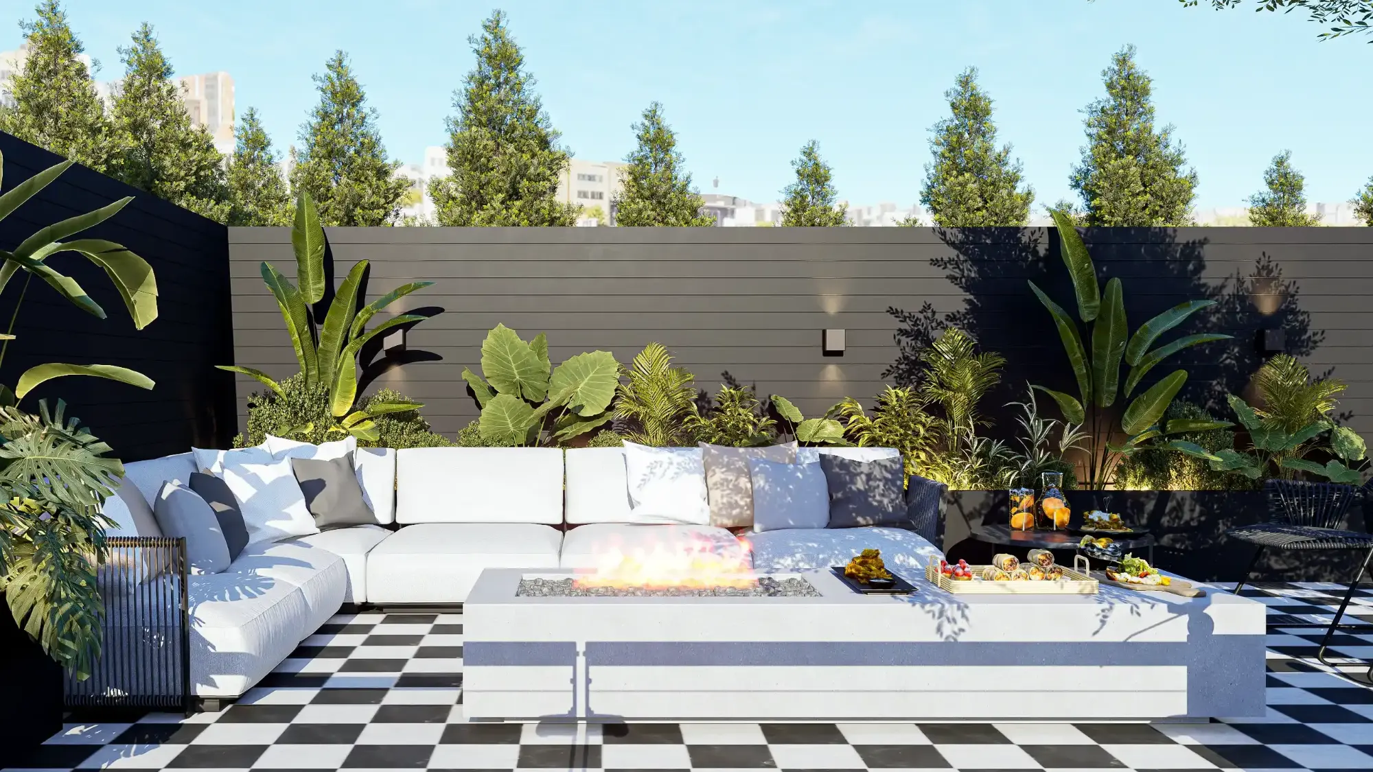 Terraço moderno com piso xadrez, sofá branco em L e lareira exterior – design de exteriores com vegetação tropical