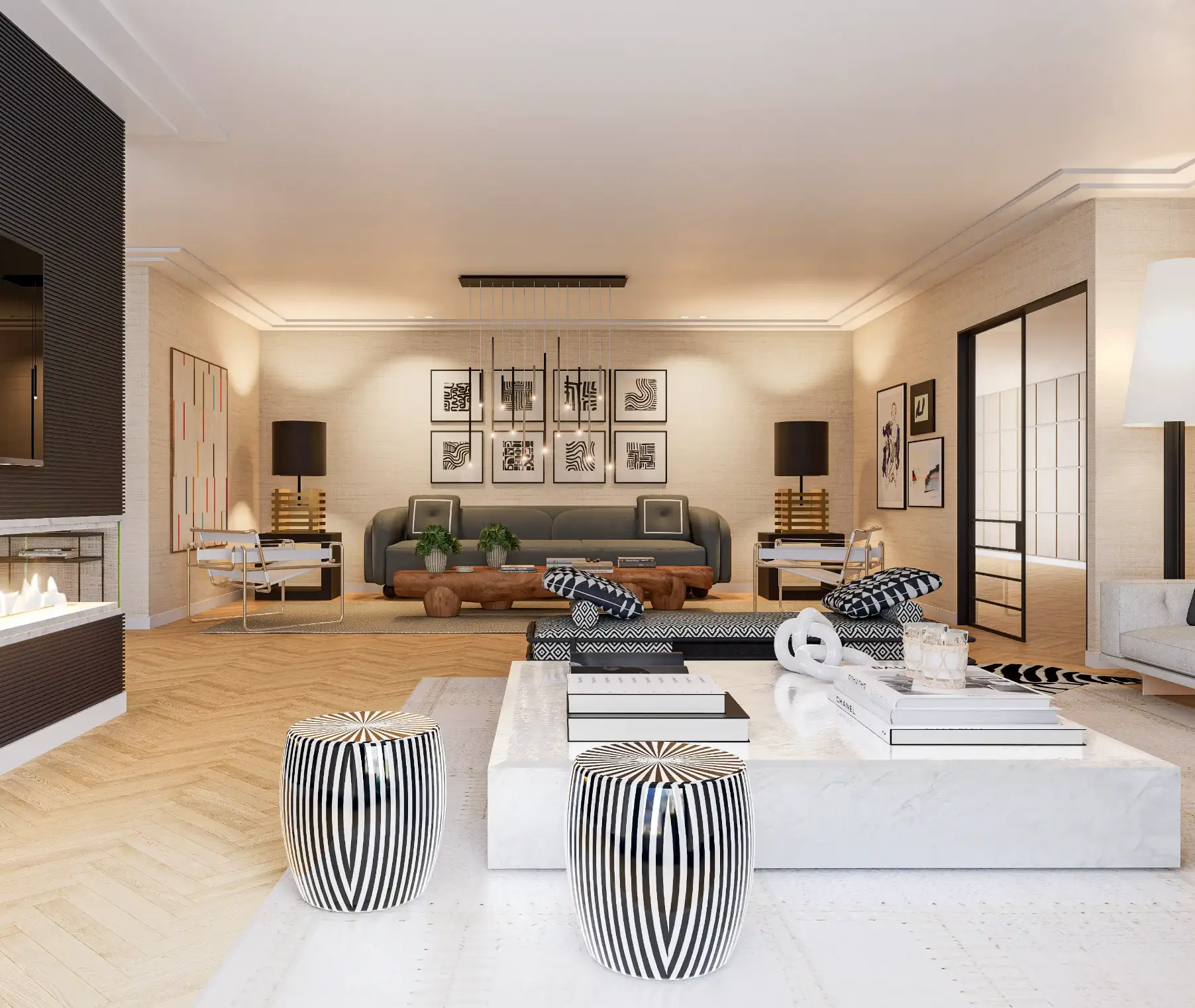 Sala ampla com zonas de estar, jantar e TV, decorada em preto, branco e bege com destaque para a Wassily Chair