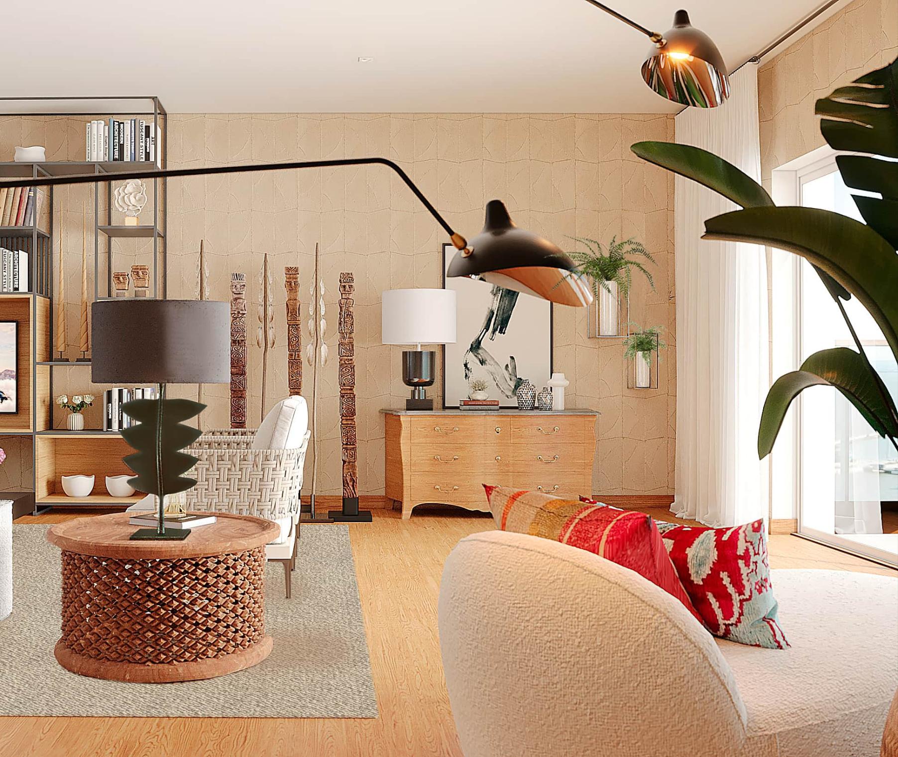 Na decoração desta sala o sofá, cadeirões e chaise-longue contemporâneos convivem harmoniosamente com várias peças étnicos  e uma estante industrial
