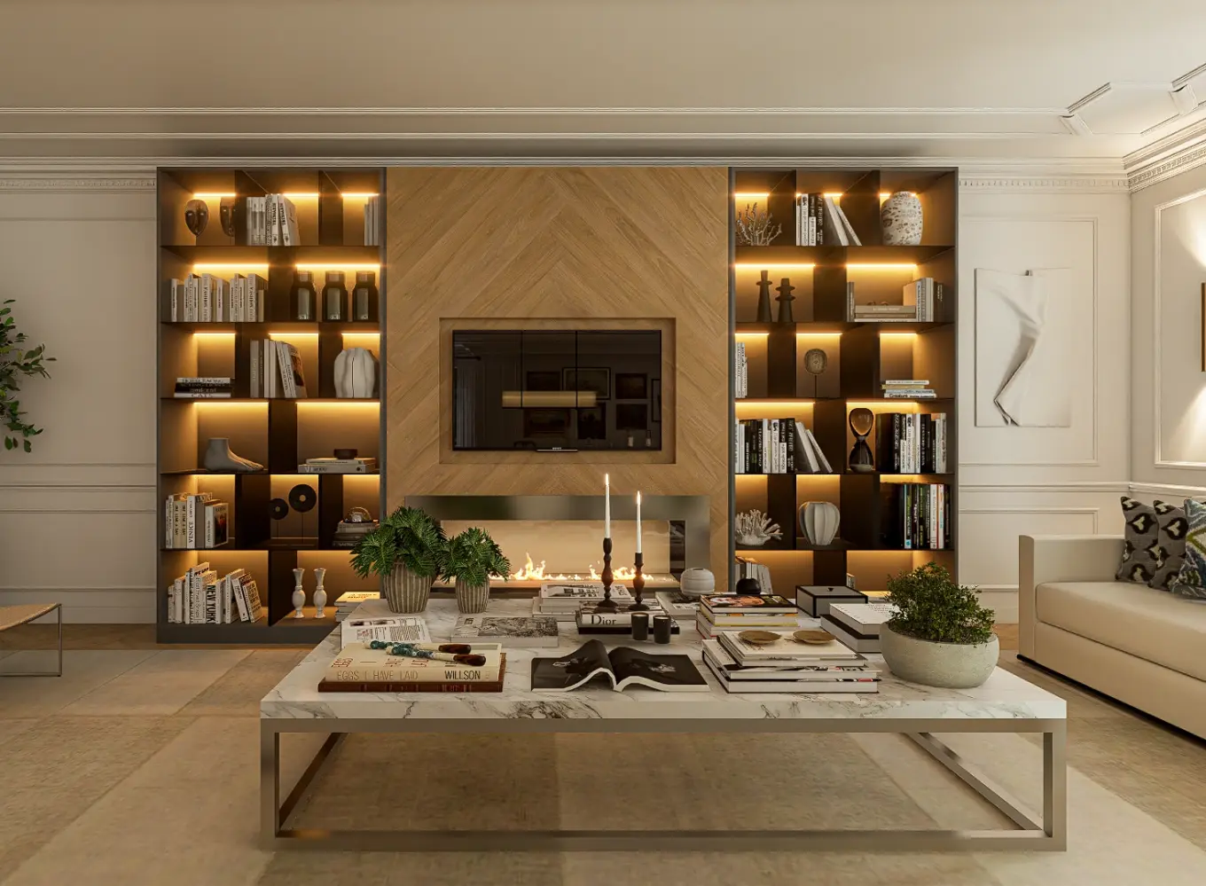 Estante de tv personalizada em madeira e metal em apartamento com detalhes de arquitetura clássica, tetos trabalhados e paredes com frisos