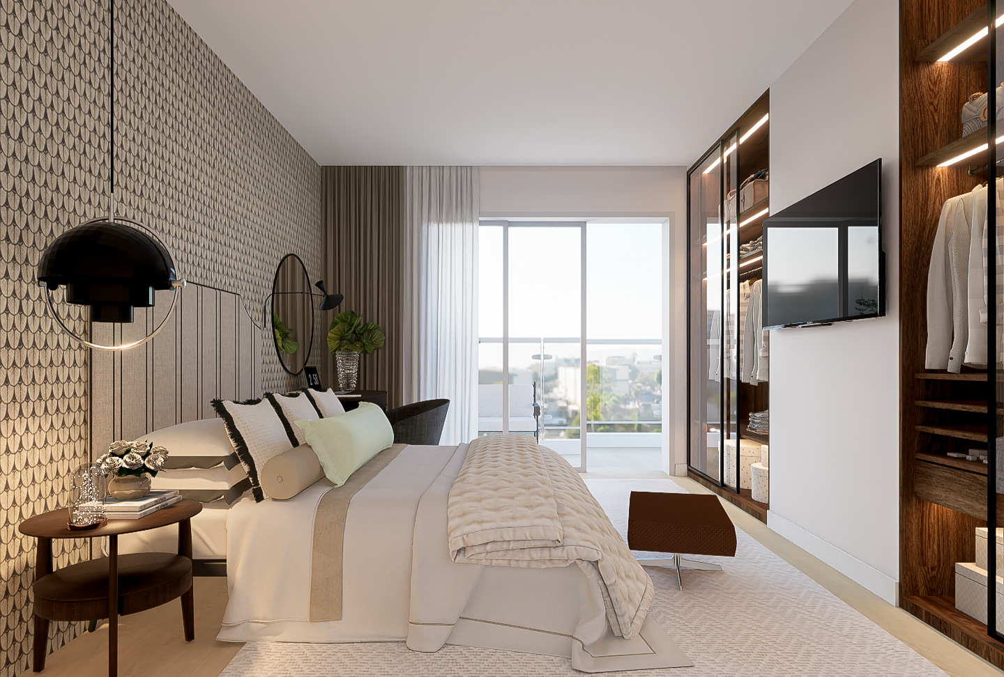 Projeto de decoração de interiores de quarto com tons neutros em beiges e branco, roupeiros embutidos com portas em vidro desenhados pelo atelier