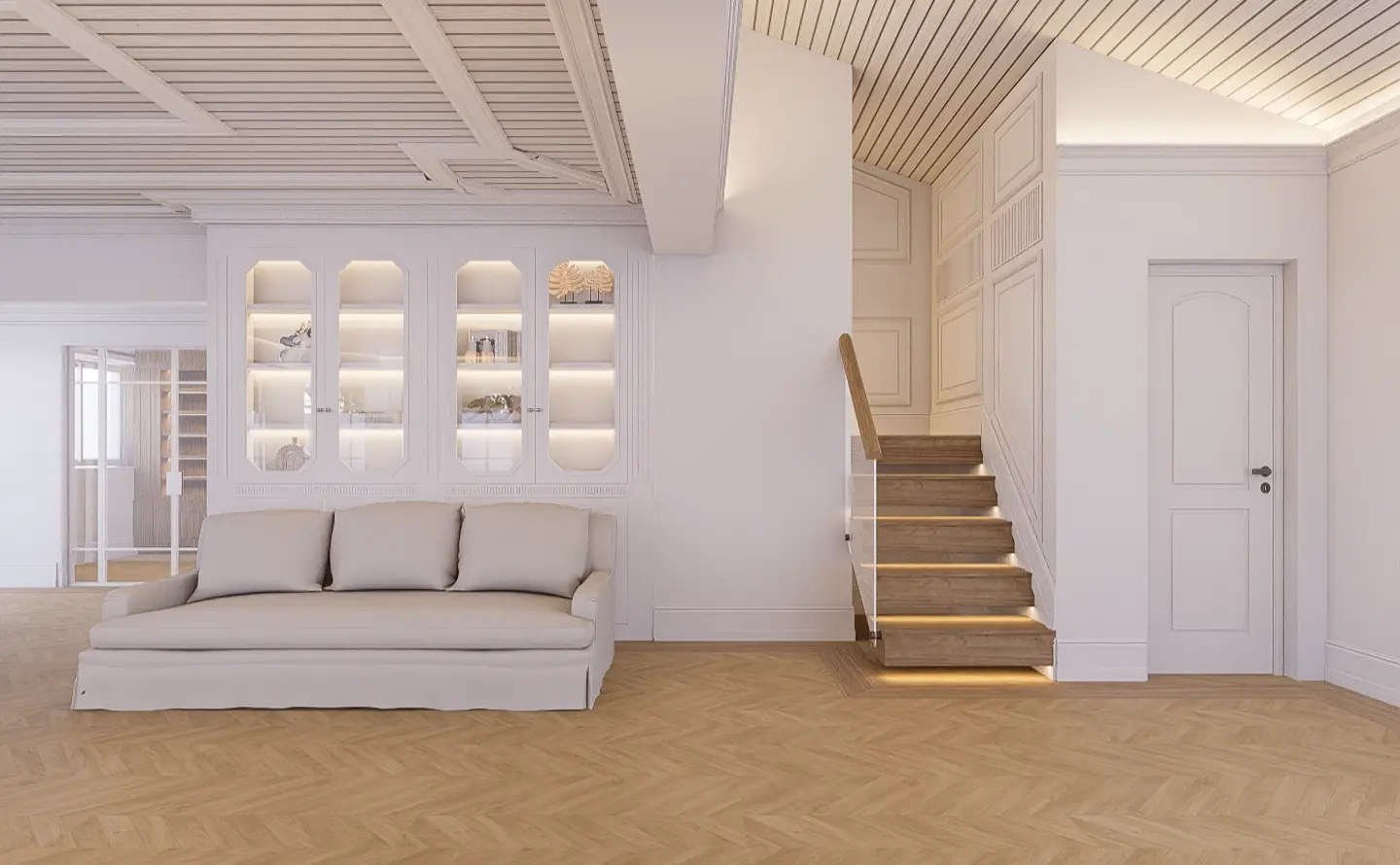 Living room with classic architecture, oak flooring, and ornate wooden ceilings—designed by Margarida Bugarim Interiores
