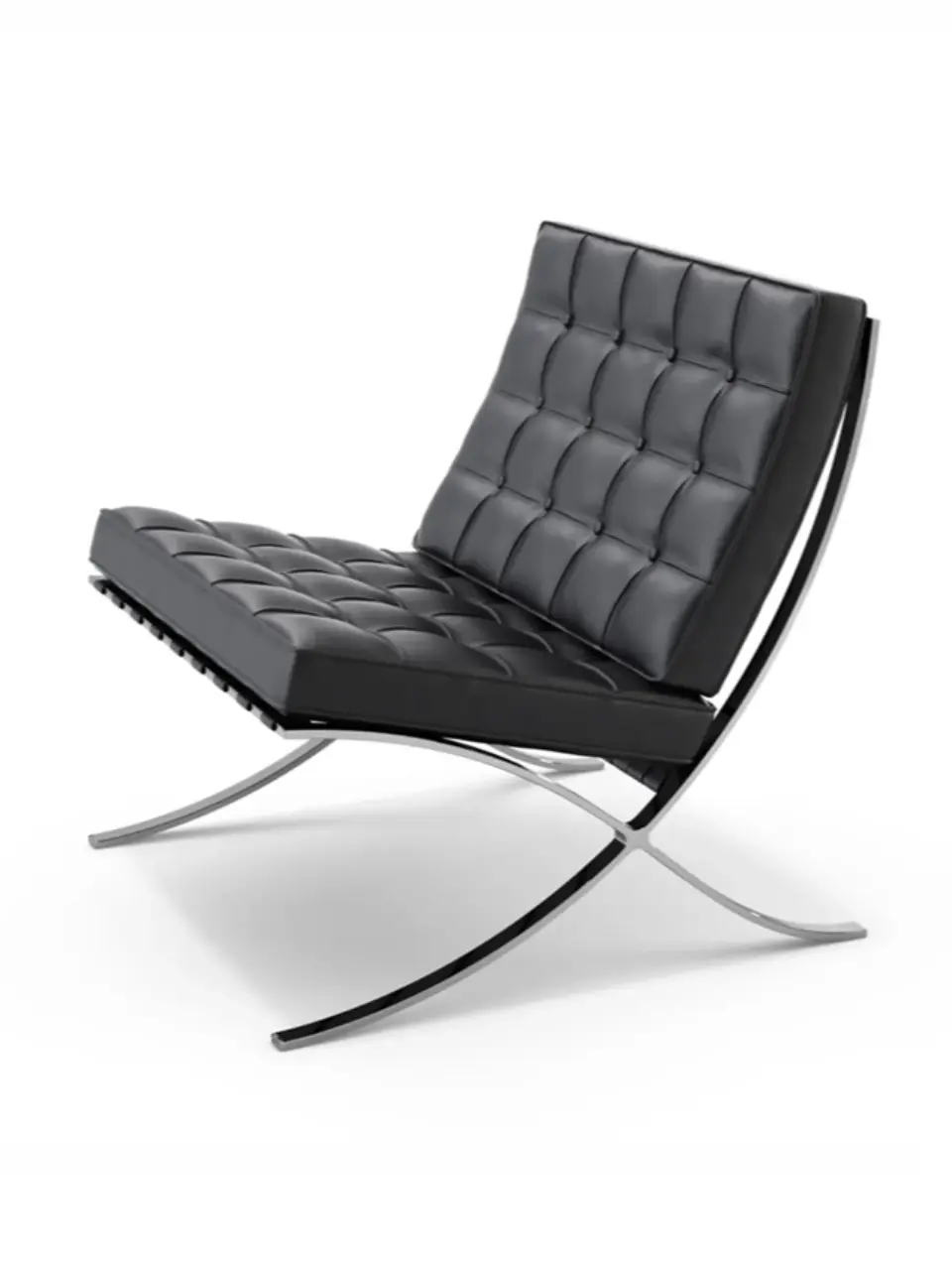 Cadeira ícone de design Barcelona chair em aço tubular e estofo em pele preta
