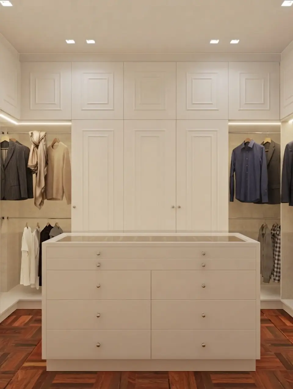 Closet com portas com frisos clássicos e ilha para acessórios ao meio da divisão. Mobiliário desenhado e executado por medida por Margarida Bugarim