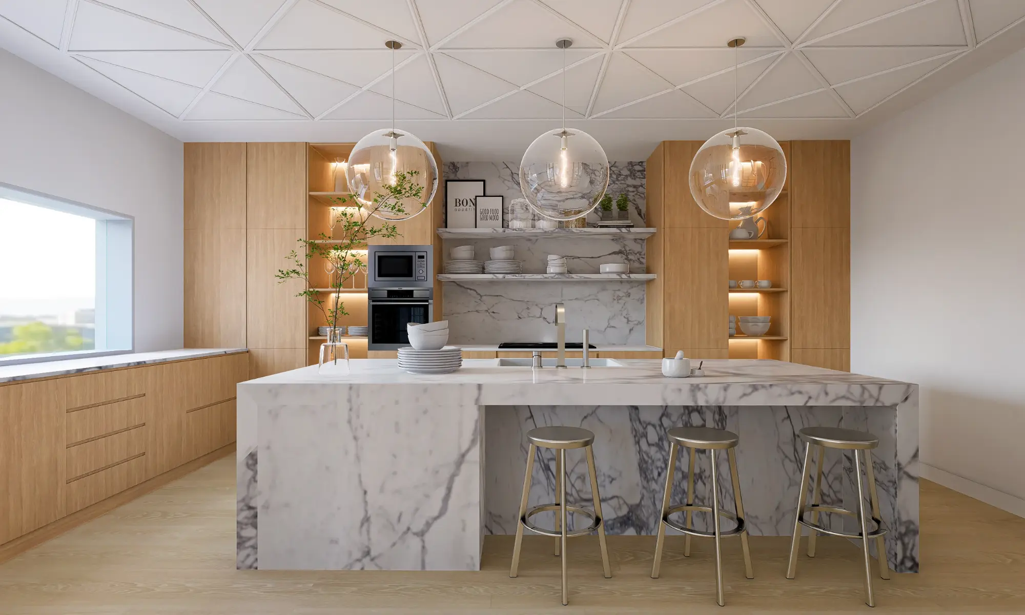 Contemporary kitchen with a marble-topped island and bespoke oak kitchen units – designed by Margarida Bugarim