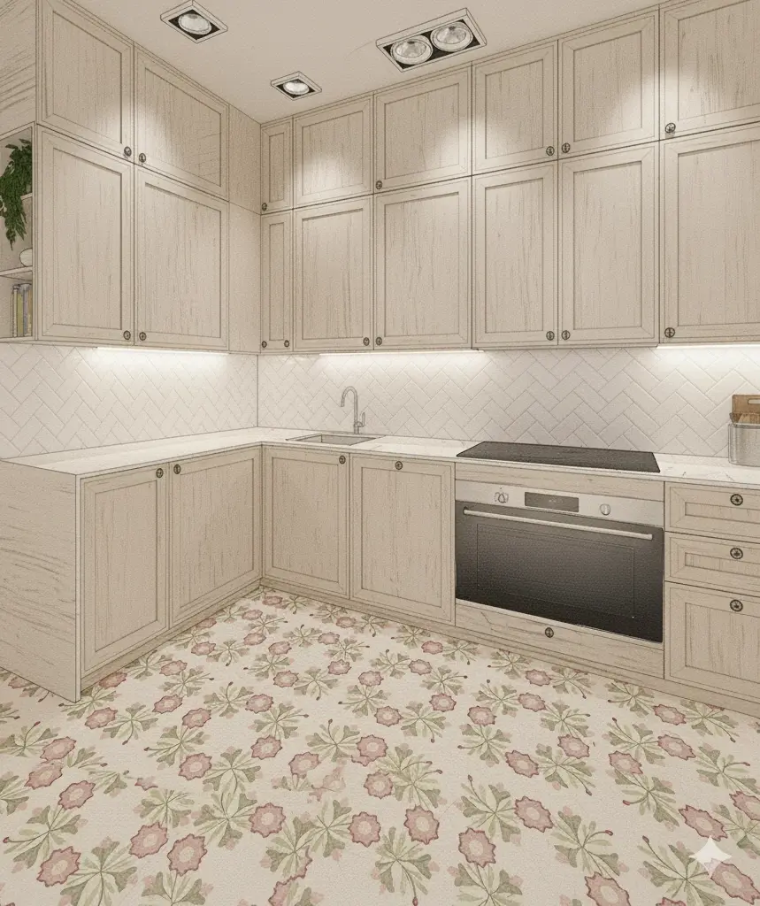 Cozinha com móveis de almofadas, pavimento em mosaico hidráulico com padrão floral e backsplash branco