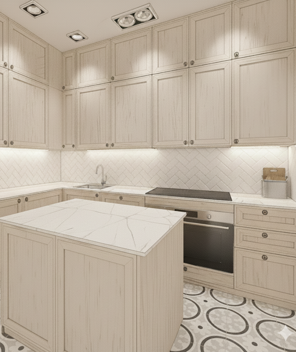 Kitchen with cushion furniture, floral patterned hydraulic mosaic flooring and white backsplash