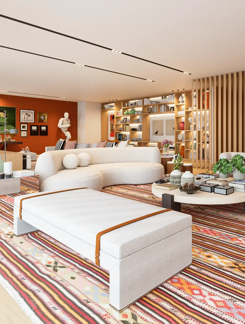 Sala contemporânea com elementos étnicos, obras de arte e estante desenhada por medida pela Margarida Bugarim Interiores