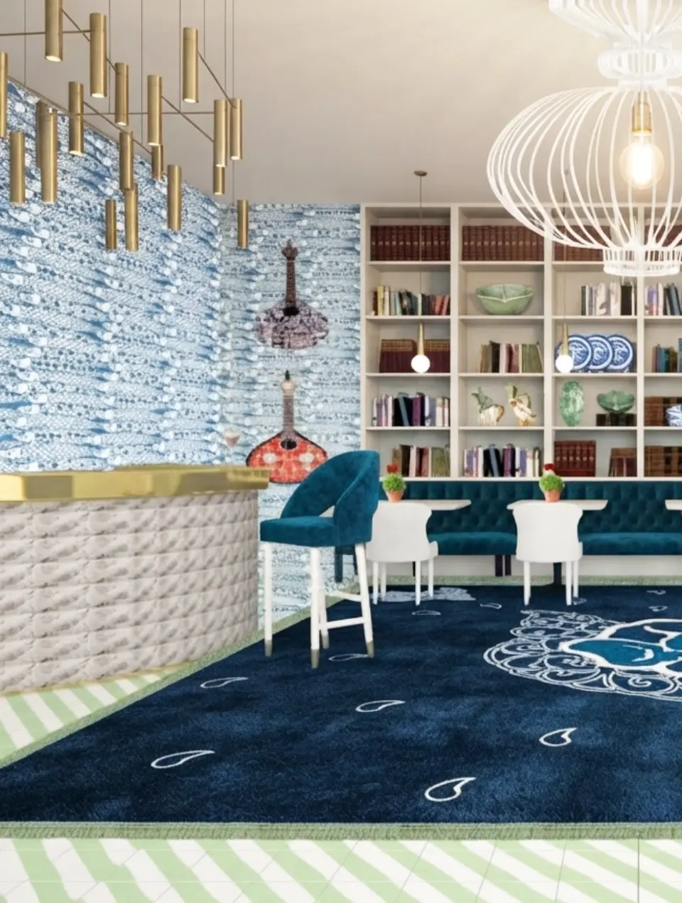 Bar interior design project featuring sardine-patterned wallpaper, hydraulic tiles, 3D tiles, and a rug with Portuguese motifs