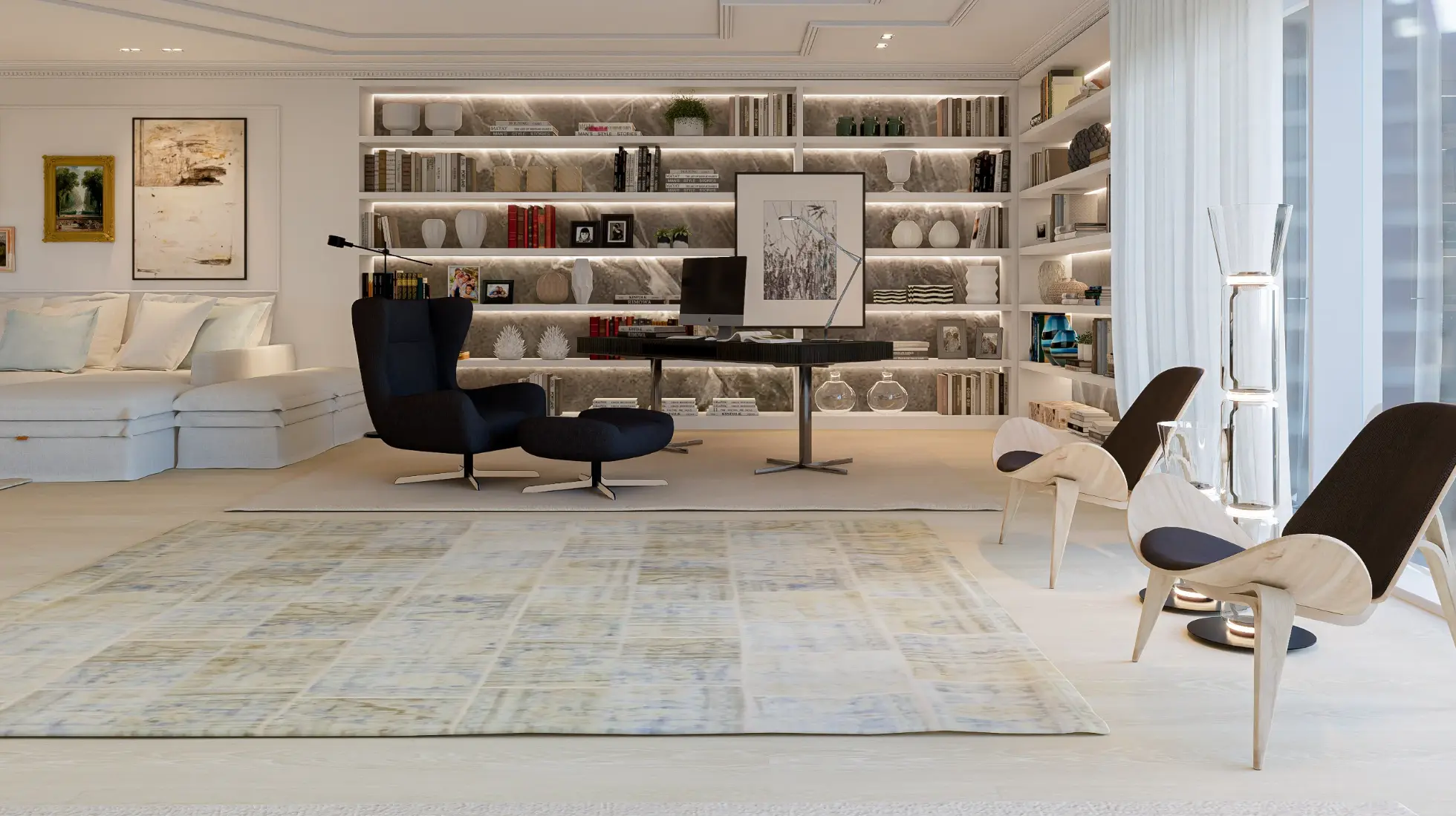 Projeto de escritório em apartamento de estrutura clássica em que uma cadeira de design assume o protagonismo