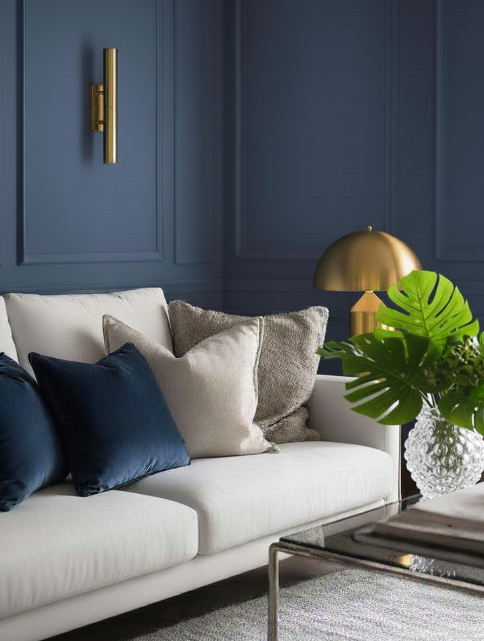 Sala com parede azul decorada com frisos e confortável sofá branco com almofadas de veludo azul- decoração de interiores de luxo Margarida Bugarim