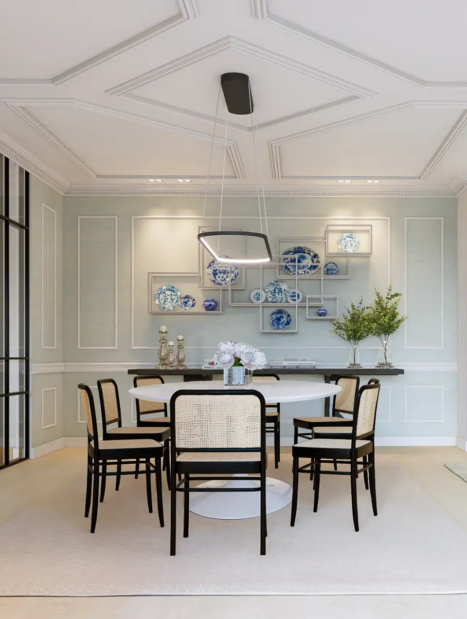 Dining room with an ornate ceiling, a wall featuring light blue straw, a contemporary table, and chairs made of black wood and natural straw