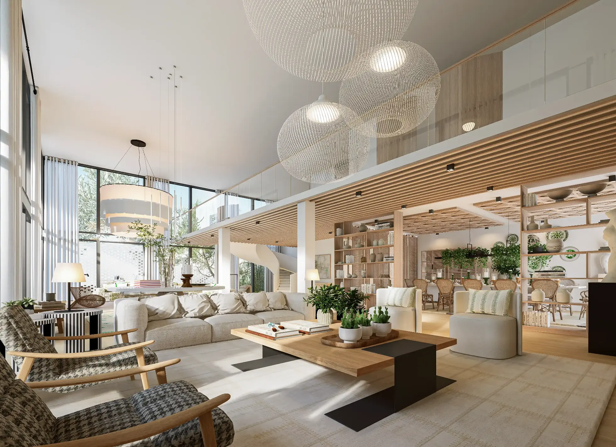 Decoração de interiores de ampla sala em tons neutros com materiais naturais, linhos, algodões em madeiras nobres com assinatura Margarida Bugarim