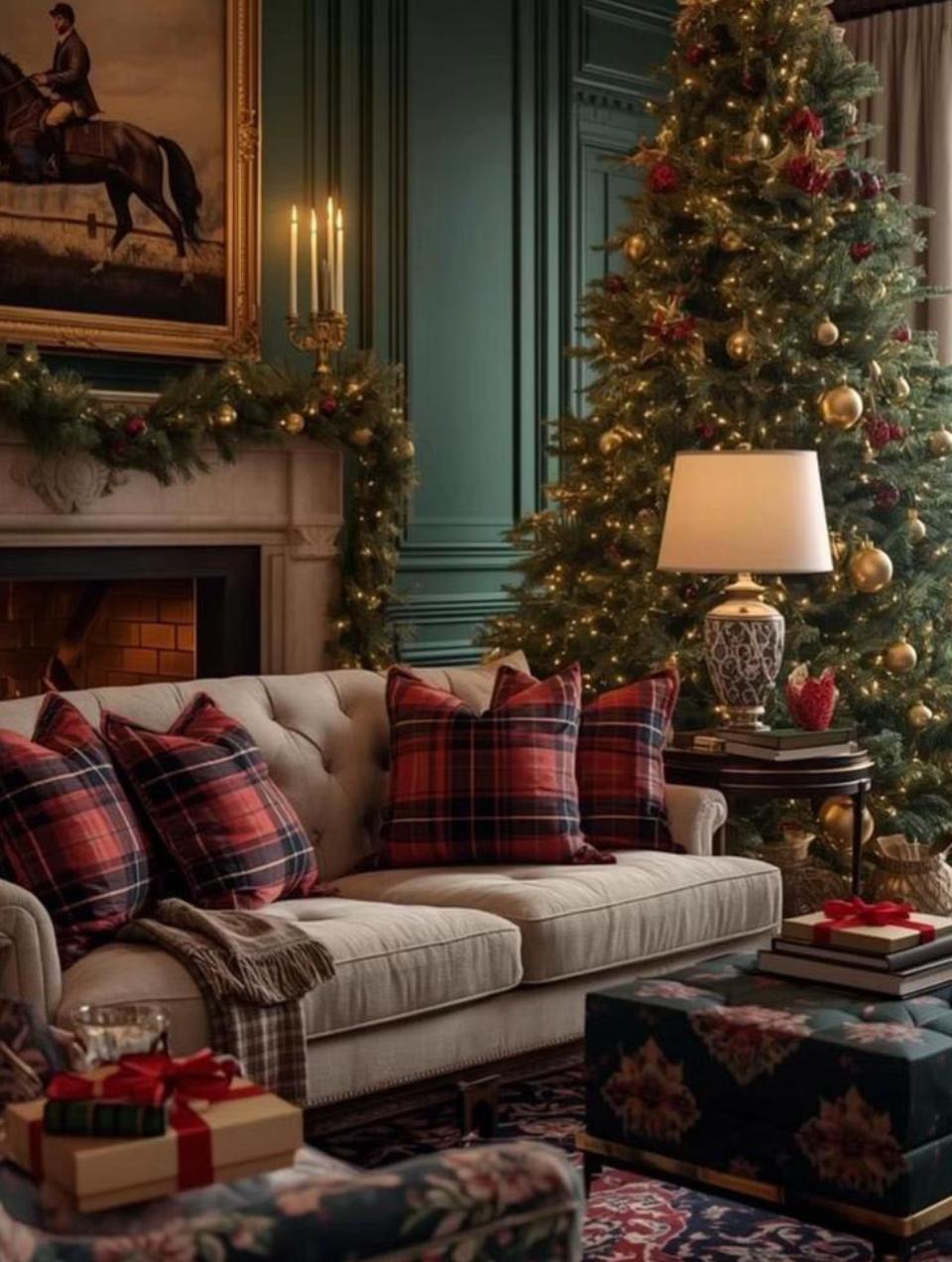 Decoração de sala de estar com sofá classíco beige, com almofadas de tecido tartan encarnado, lareira efeitada com festão e grande árvore de natal