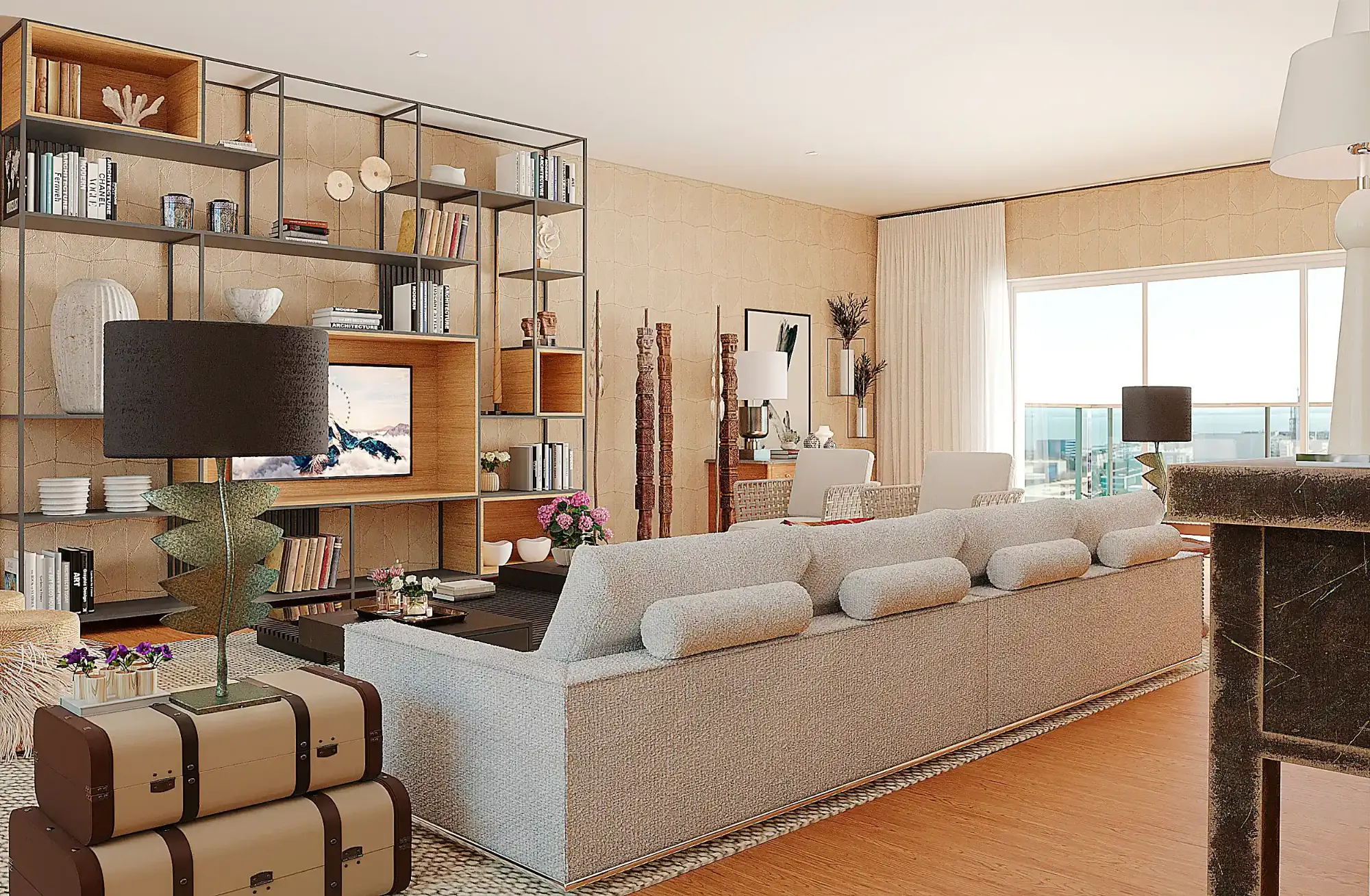  Living room with eclectic décor, an industrial-style bookcase, a sofa with clean lines and contemporary armchairs, overlooking the river