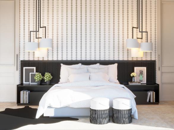 Decoração de um quarto de casal com zonas bem definidas, zona de dormir, closet, instalação sanitária.