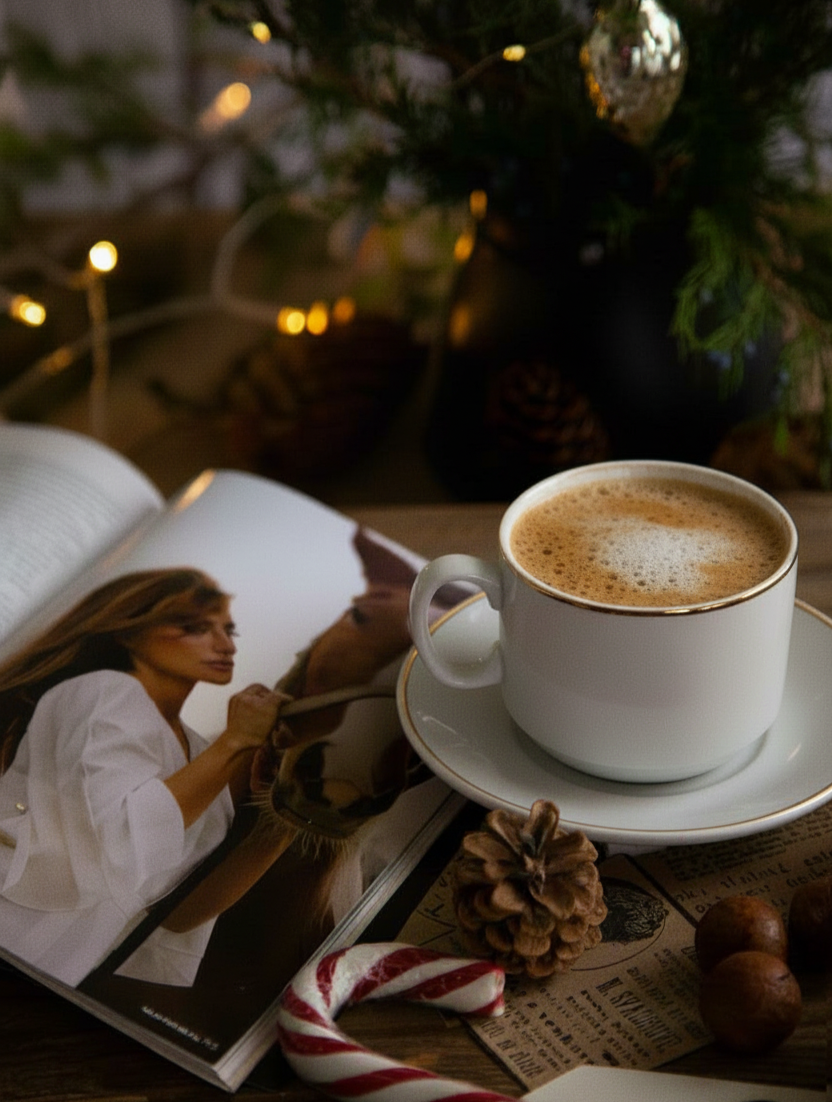 Chavena de café em recanto aconchegante de natal com árvore de natal iluminada no fundo.