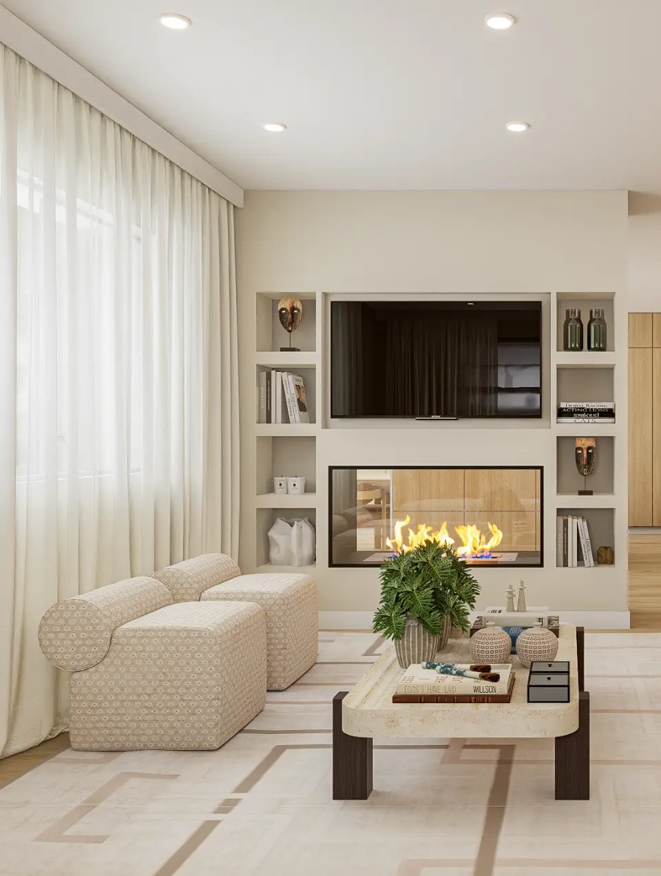 Contemporary-style living room décor in shades of beige, featuring a TV unit with a double-sided fireplace