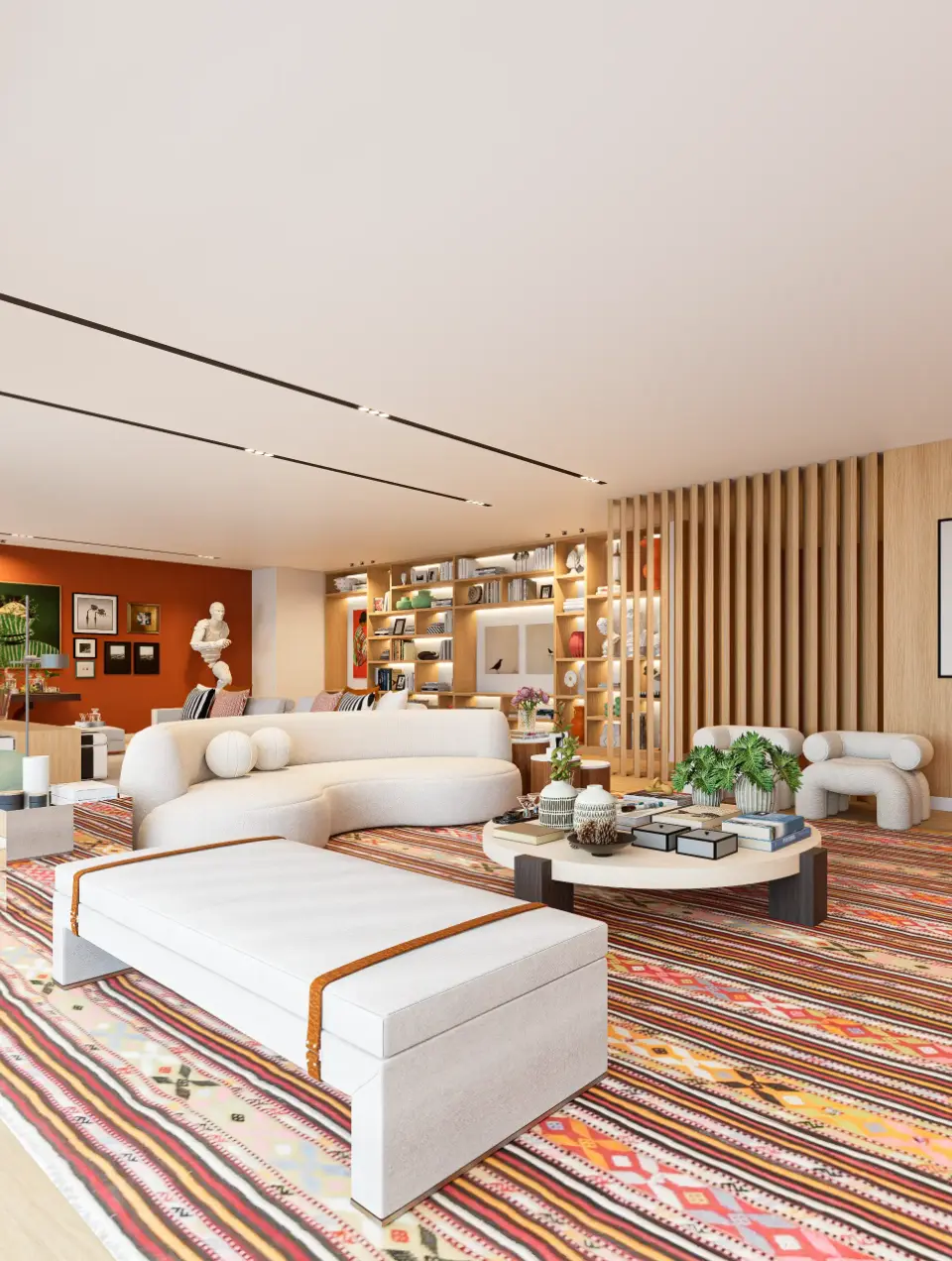 Projeto de decoração de sala de base neutra com tapete étnico de riscas coloridas de tons quentes, sofás beiges e parede apainelada a madeira