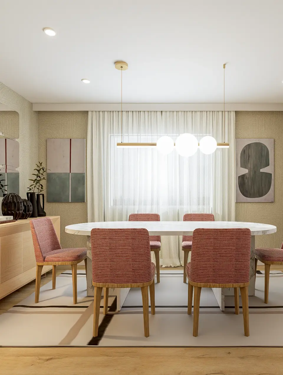 Dining room with a white marble table, orange upholstered chairs and an oak sideboard. Walls covered in beige textured wallpaper 