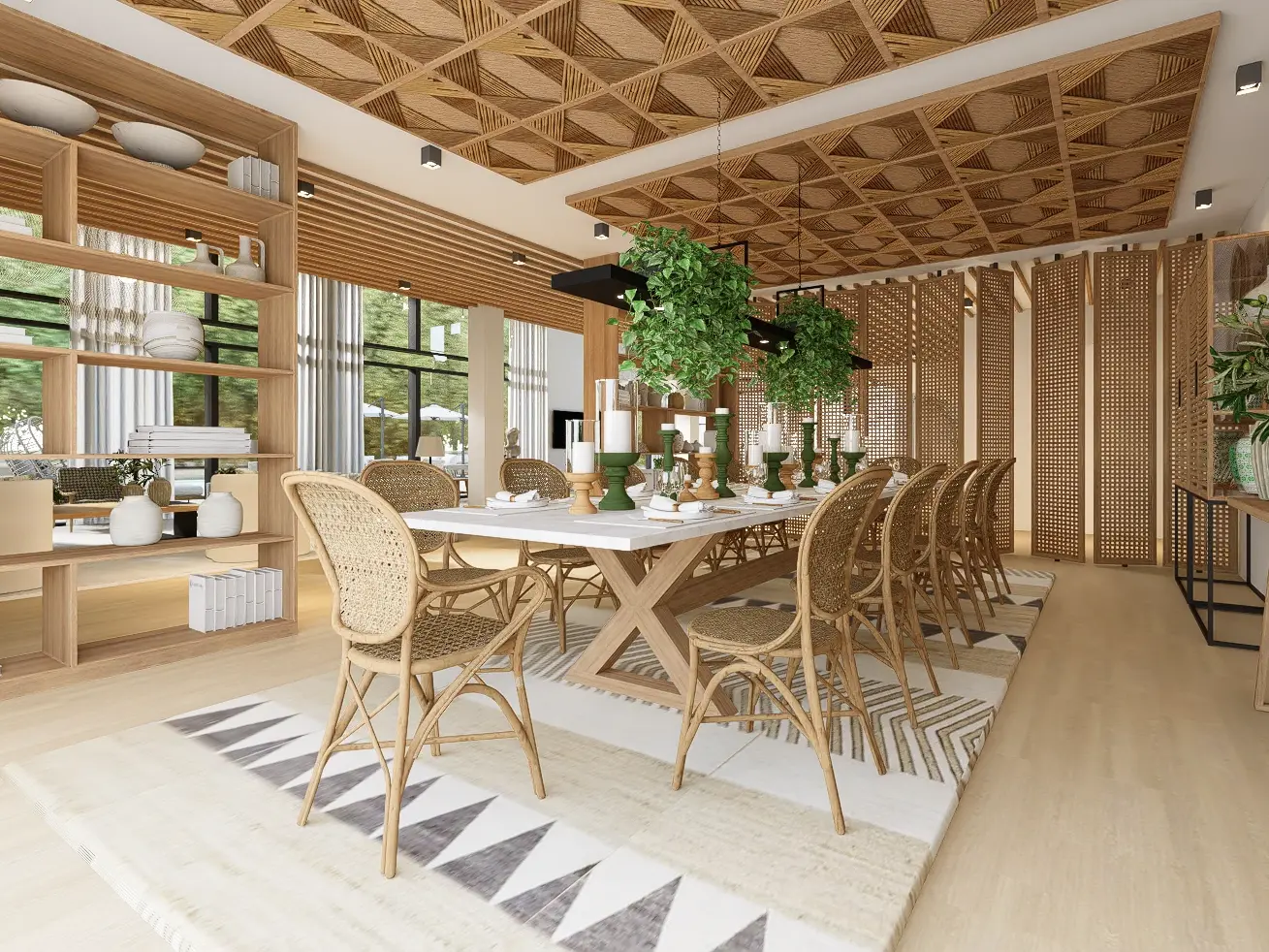 Dining room décor featuring a table with a white top and wooden legs, wicker chairs, a bookcase with two fronts and wicker screens in the background