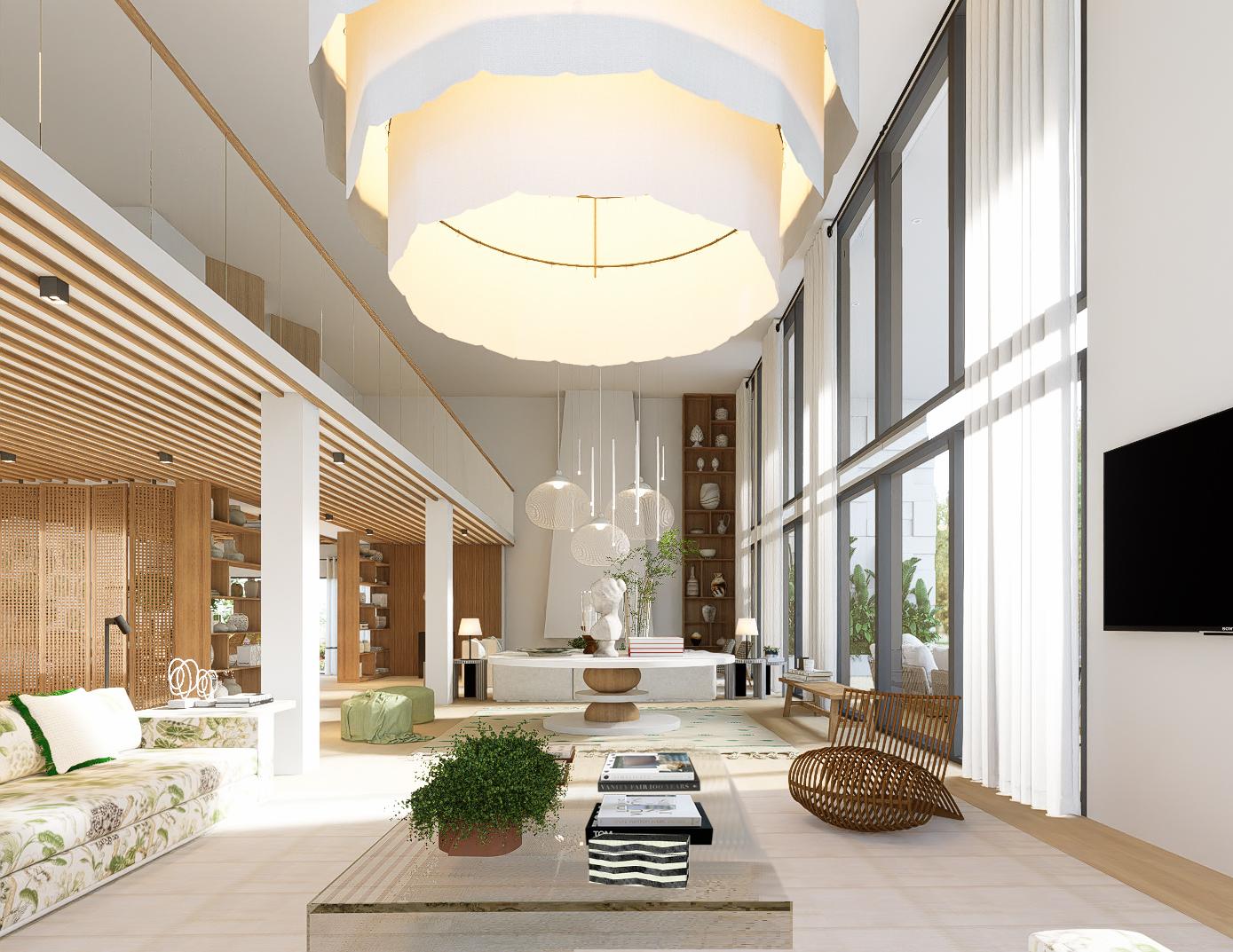 Decoração de ampla sala de duplo pé direito com tons neutros, madeiras claras, e tecidos de fibras naturais.