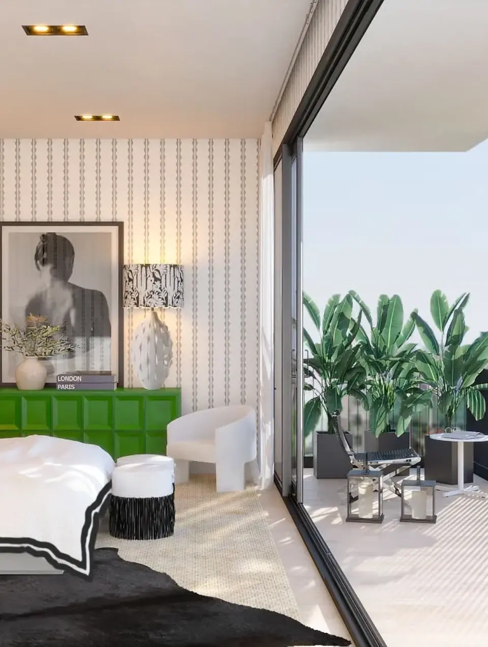 Suite com decoração contemporânea, tecidos de cama brancos com debroado a preto, mesas de cabeceira lacadas pretas, cómoda verde ao fundo