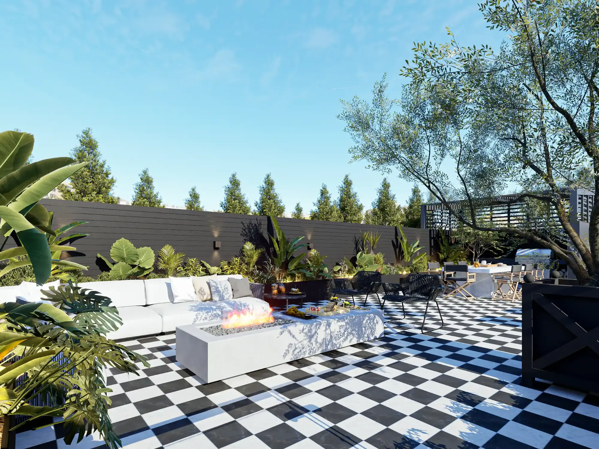 Decoração de terraço em tons de preto e branco com zona de estar, refeições e pequena piscina