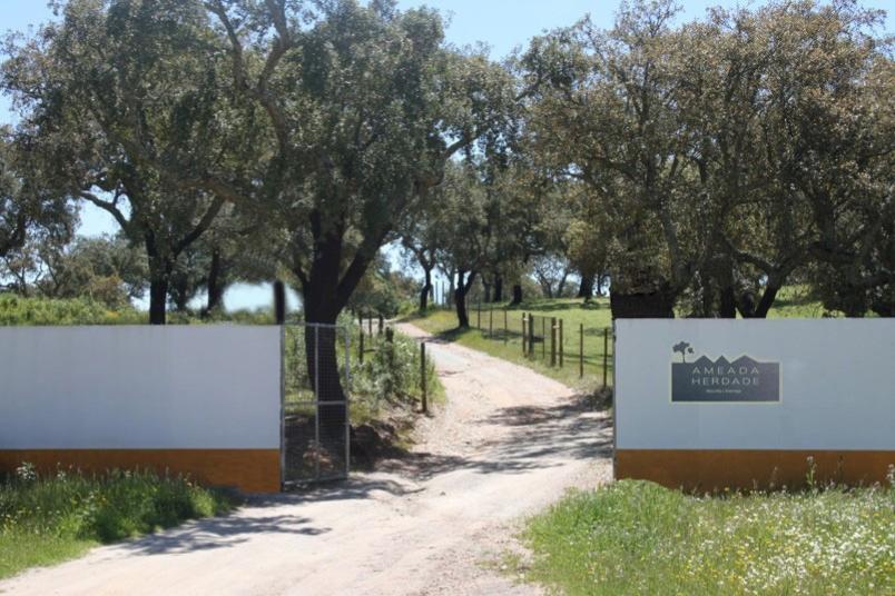 Muro de entrada de Herdade com placa de identificação em aço inox retroiluminada desenvolvida pelo Atelier Margarida Bugarim