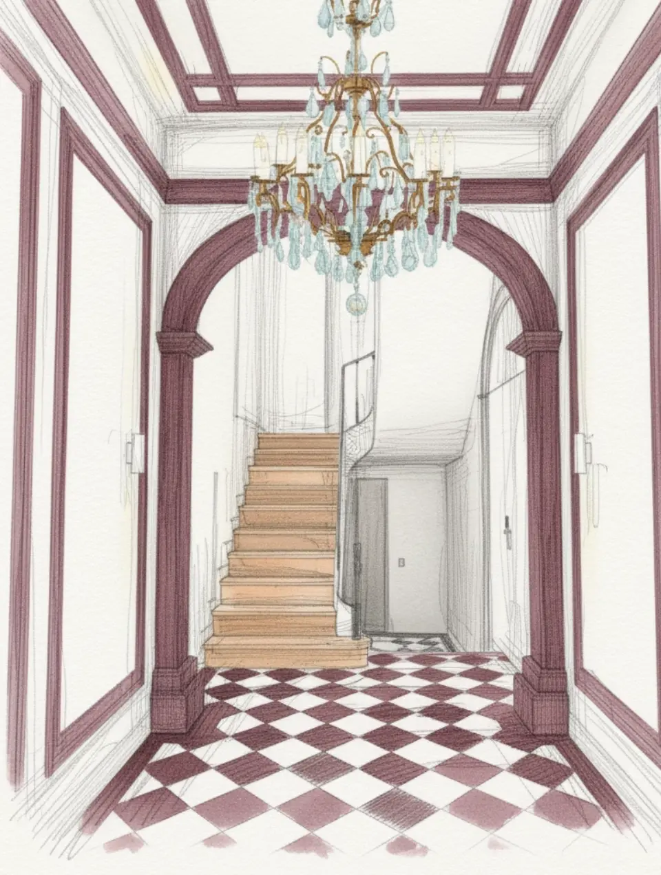 Ilustração de entrada de predio em tons de bordeaux e branco com escadas em madeira e lustre clássico no teto