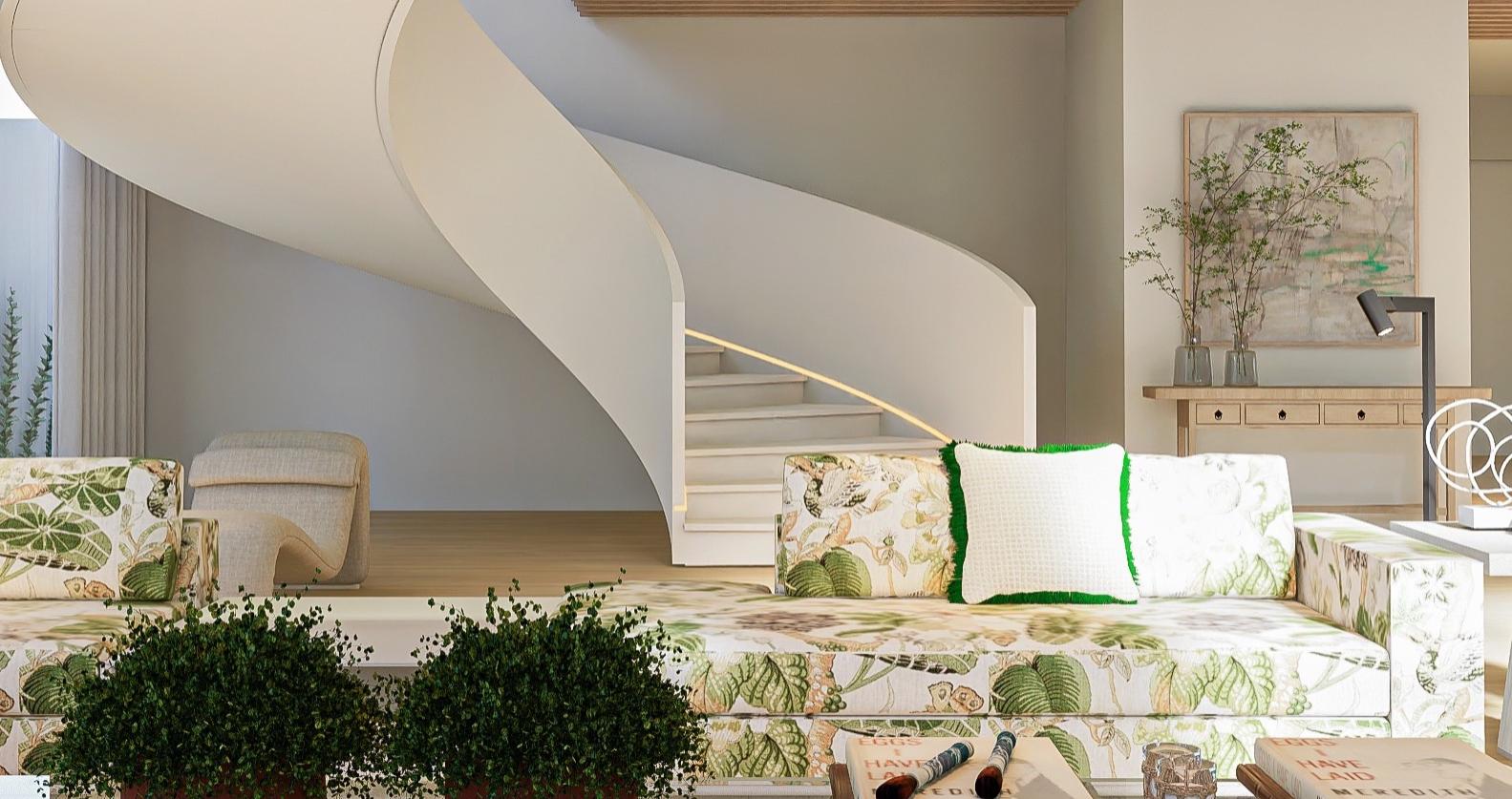 Decoração de sala contemporânea com escada em caracol branca e sofá estofado com tecido floral
