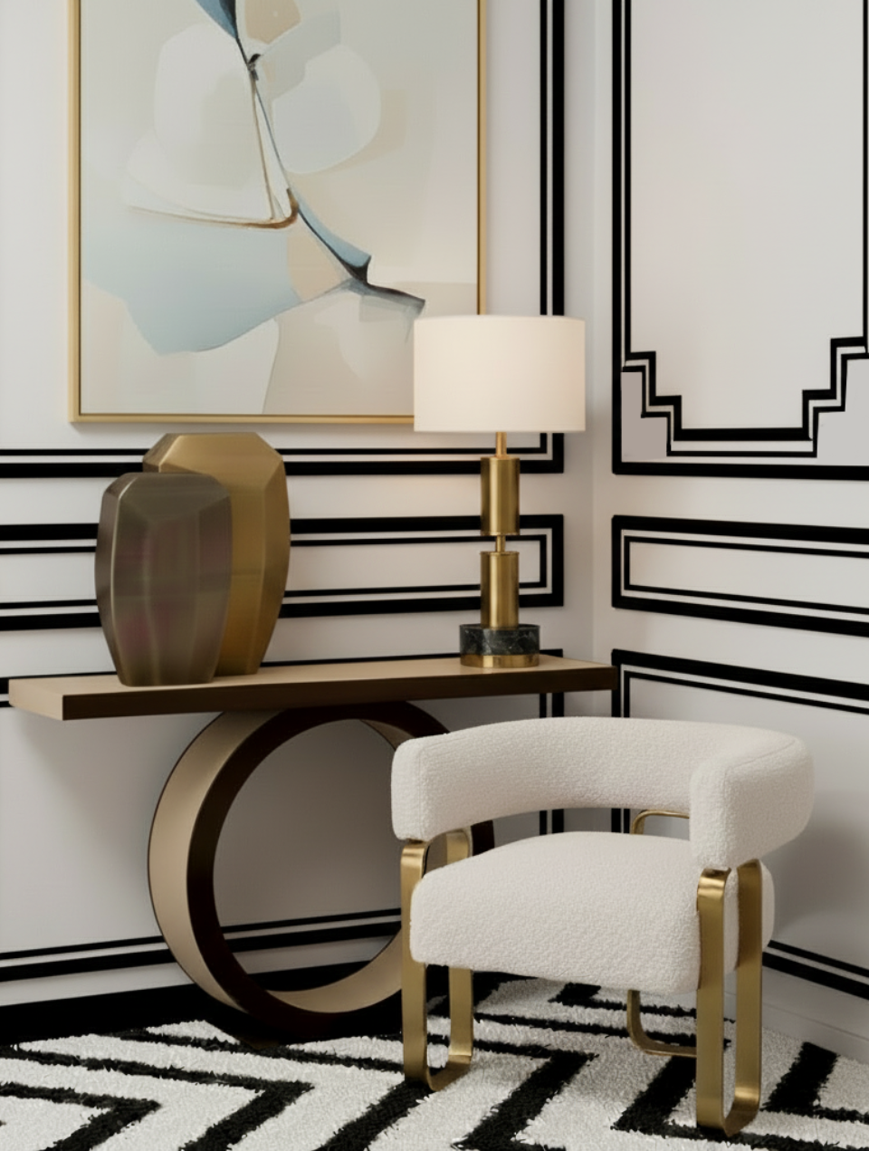 Cadeirão com estrutura em latão e inspiração Neo Decó, tapete chevrom preto e branco, parede com frisos pretos