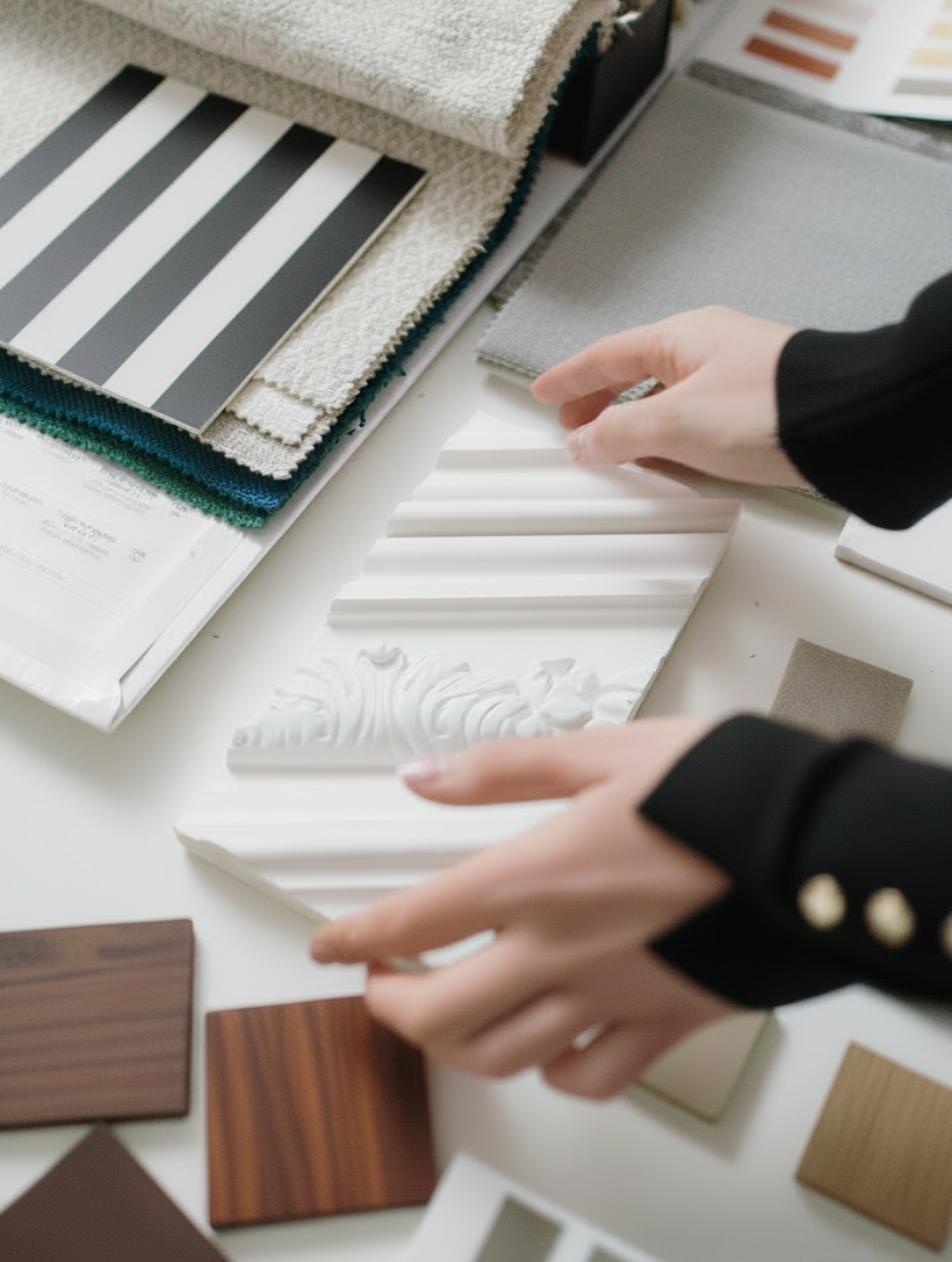 Moodboard com gessos, madeiras nobres, tecidos e papel de parede para projeto de decoração de interiores com assinatura Margarida Bugarim.