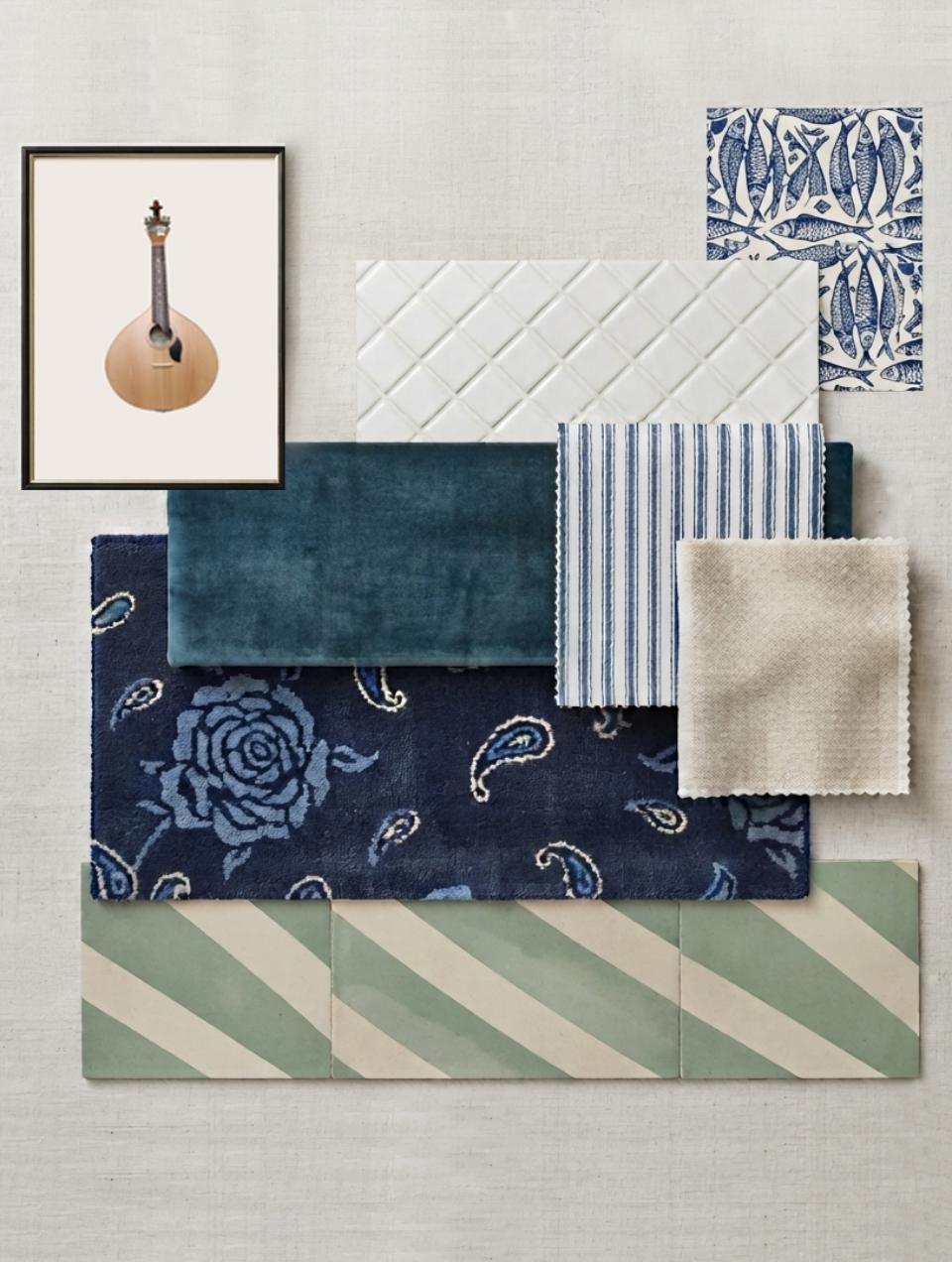 Material mood board featuring carpet, striped cement tiles, wallpaper, and fabrics in shades of blue and white