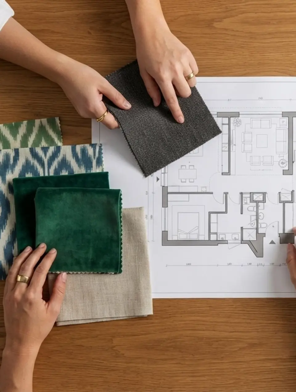 Escolha de tecidos em tons verdes e beige para decoração de apartamento em Cascais