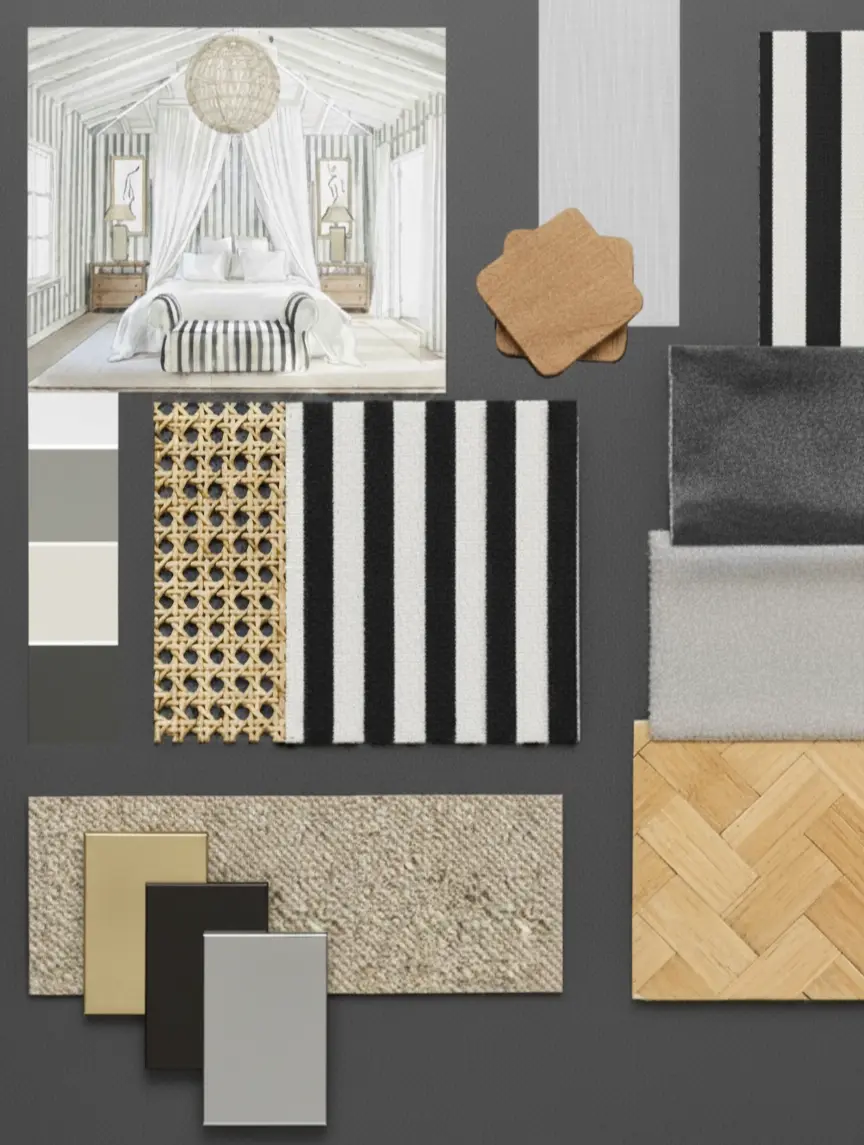 Moodboard de um projeto de decoração de interiores de um quarto com madeiras, tecido de riscas pretas e brancas, veludos e metais