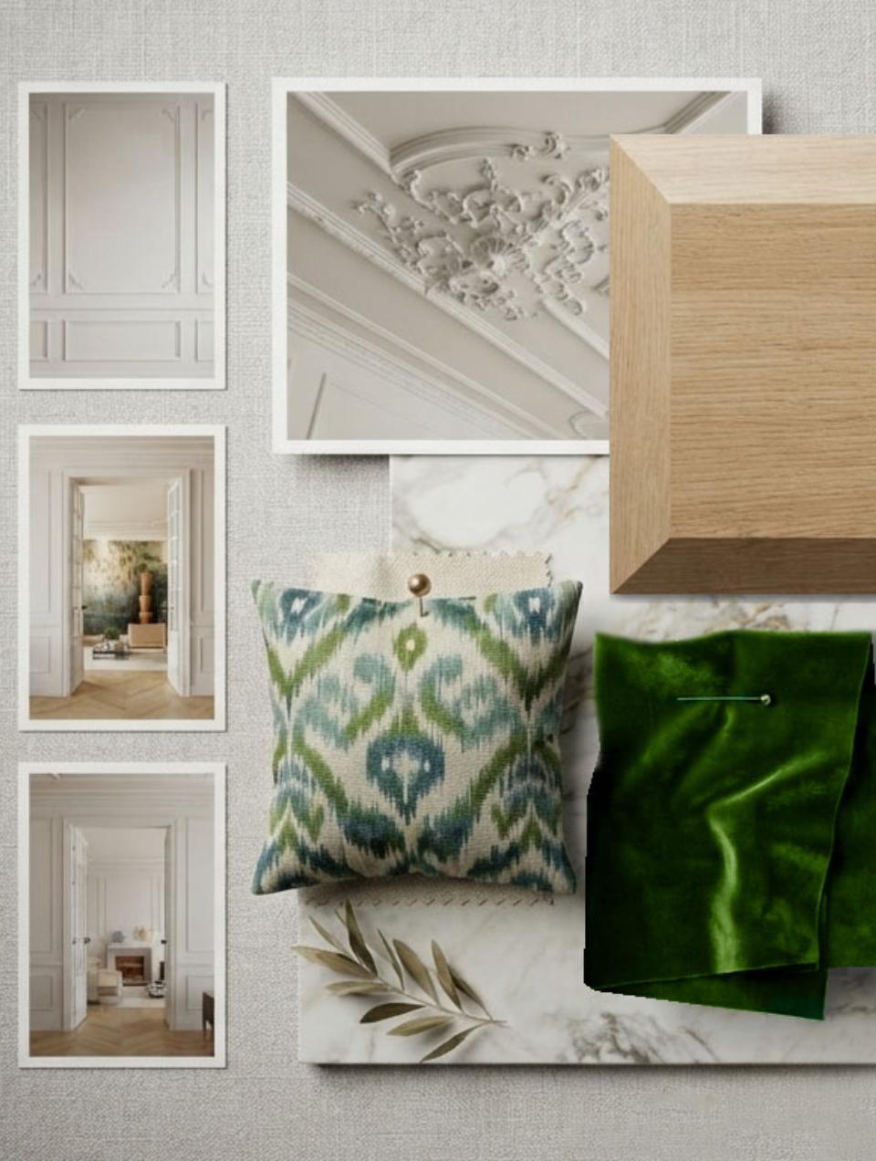 Moodboard com fotografias de frisos, tecidos e madeira para um apartamento de base clássica com decoração contemporânea em Lisboa