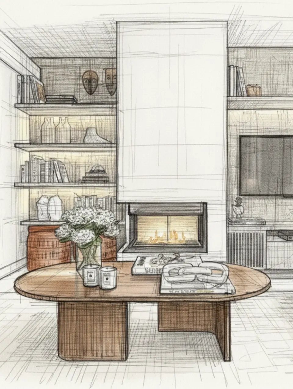 Projeto de arquitetura de interiores : detalhe de carpintaria por medida e lareira 