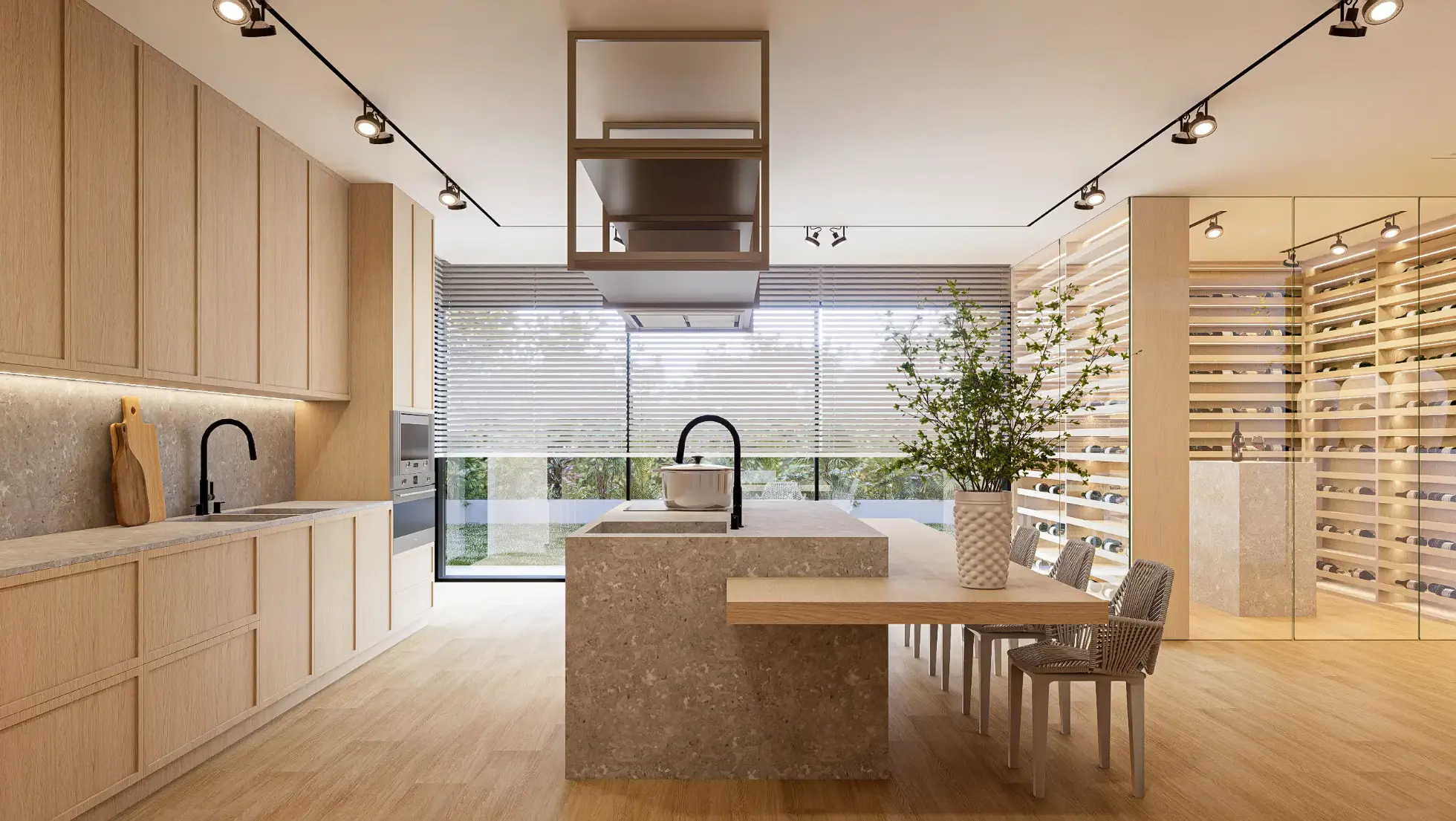  Contemporary kitchen with oak cabinetry, a large gray stone island, and a wine cellar