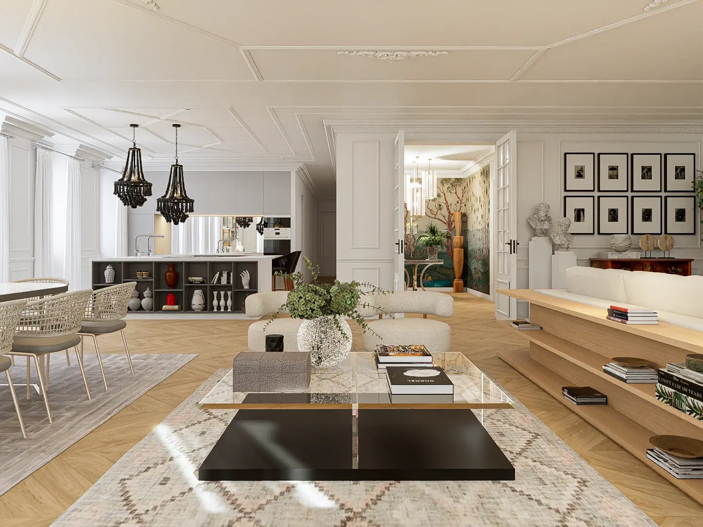 Ampla sala com zona de TV, Zona de estar, zona de jantar e ligação à cozinha em apartamento histórico no Chiado