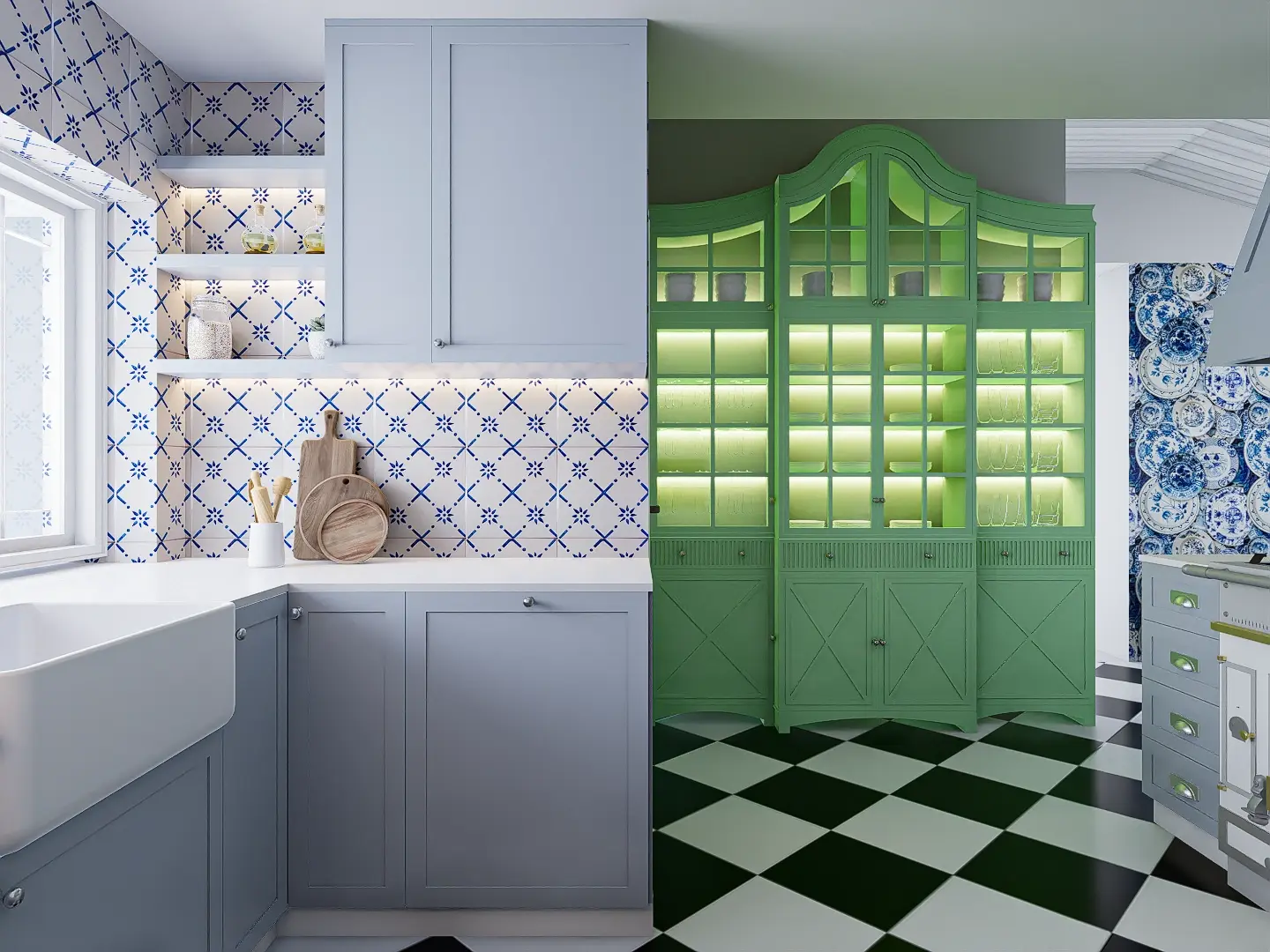 Classic kitchen design with light blue cushion furniture and a magnificent green cupboard designed by Margarida Bugarim.
