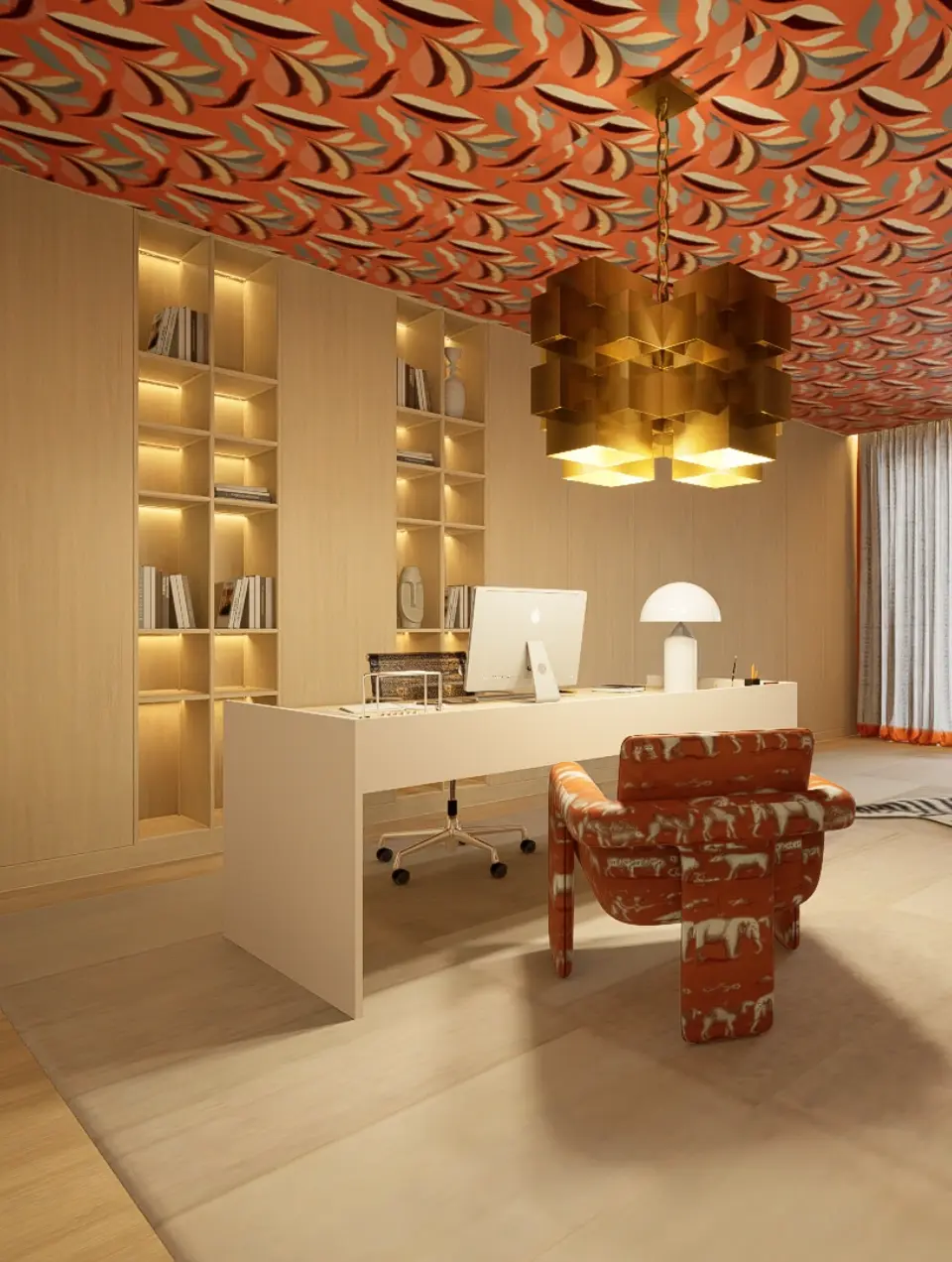 Office with contemporary decor, an oak bookshelf and desk, an upholstered armchair, and orange wallpaper on the ceiling