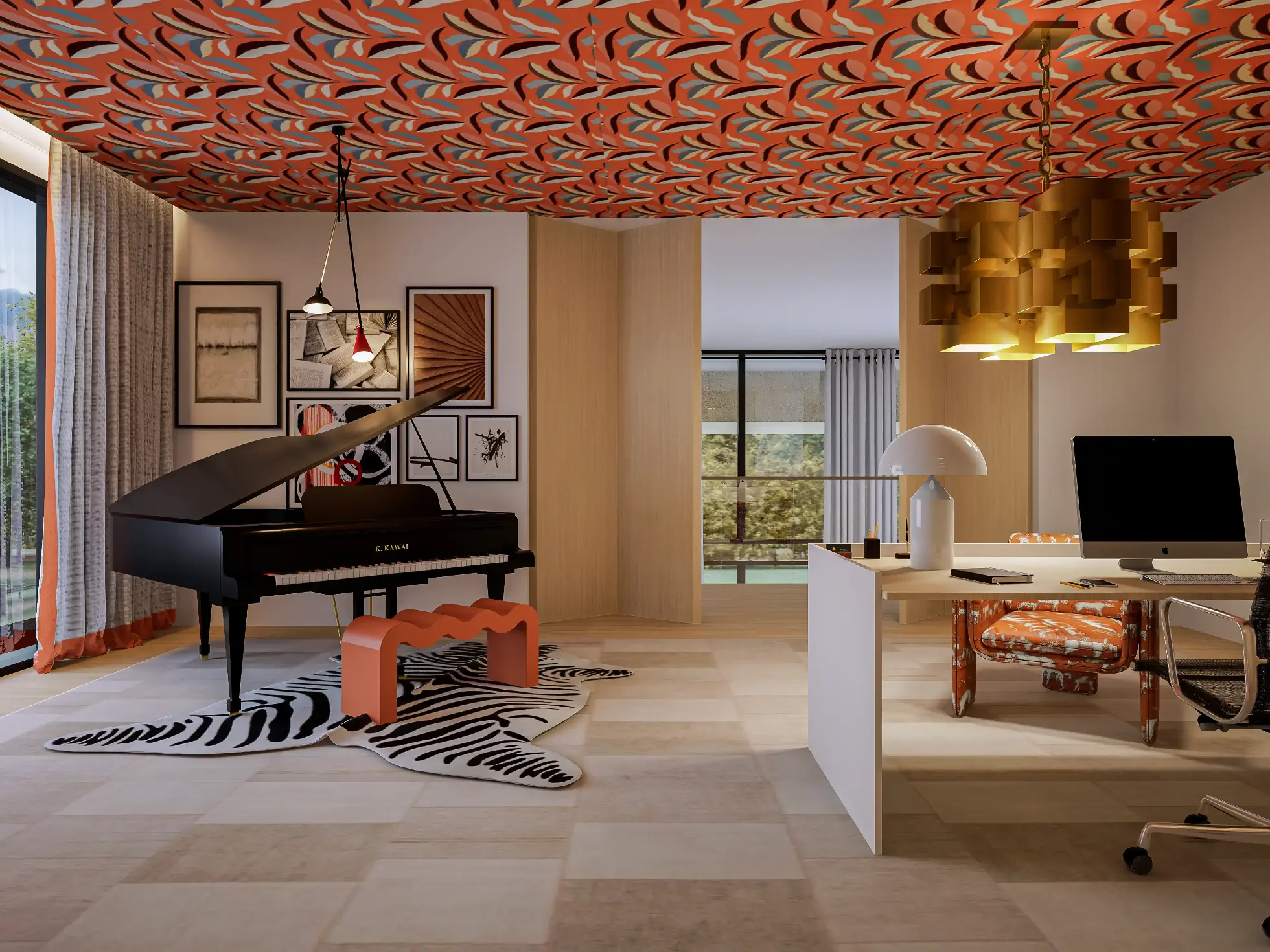 Decoração de escritório em tons de laranja com secretária em carvalho, papel de parede laranja aplicado no teto, piano e tapete patchwork