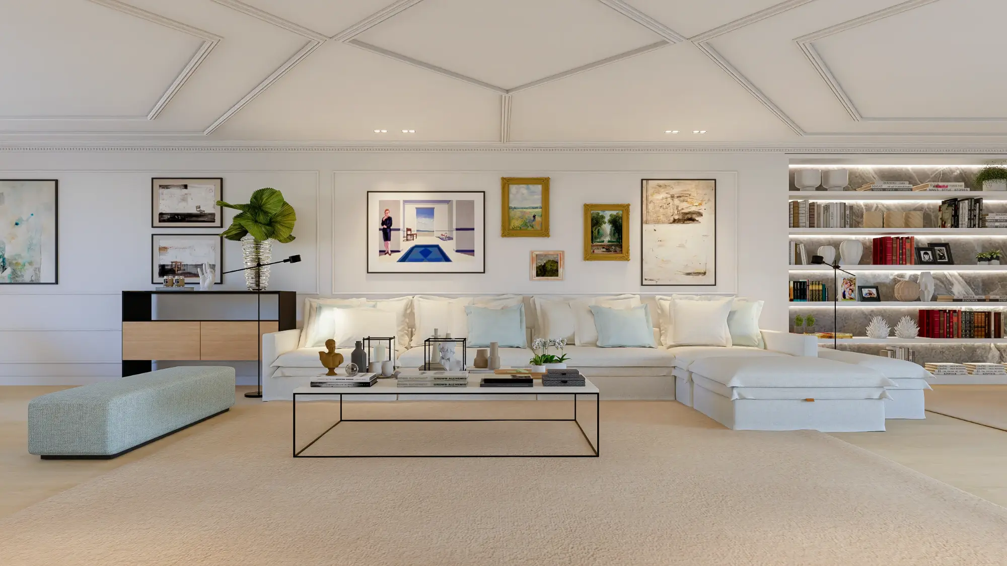 Sala de estar com sofá branco de capas, quadros de vários estilos e estante iluminada desenhada por medida pela Margarida Bugarim Interiores