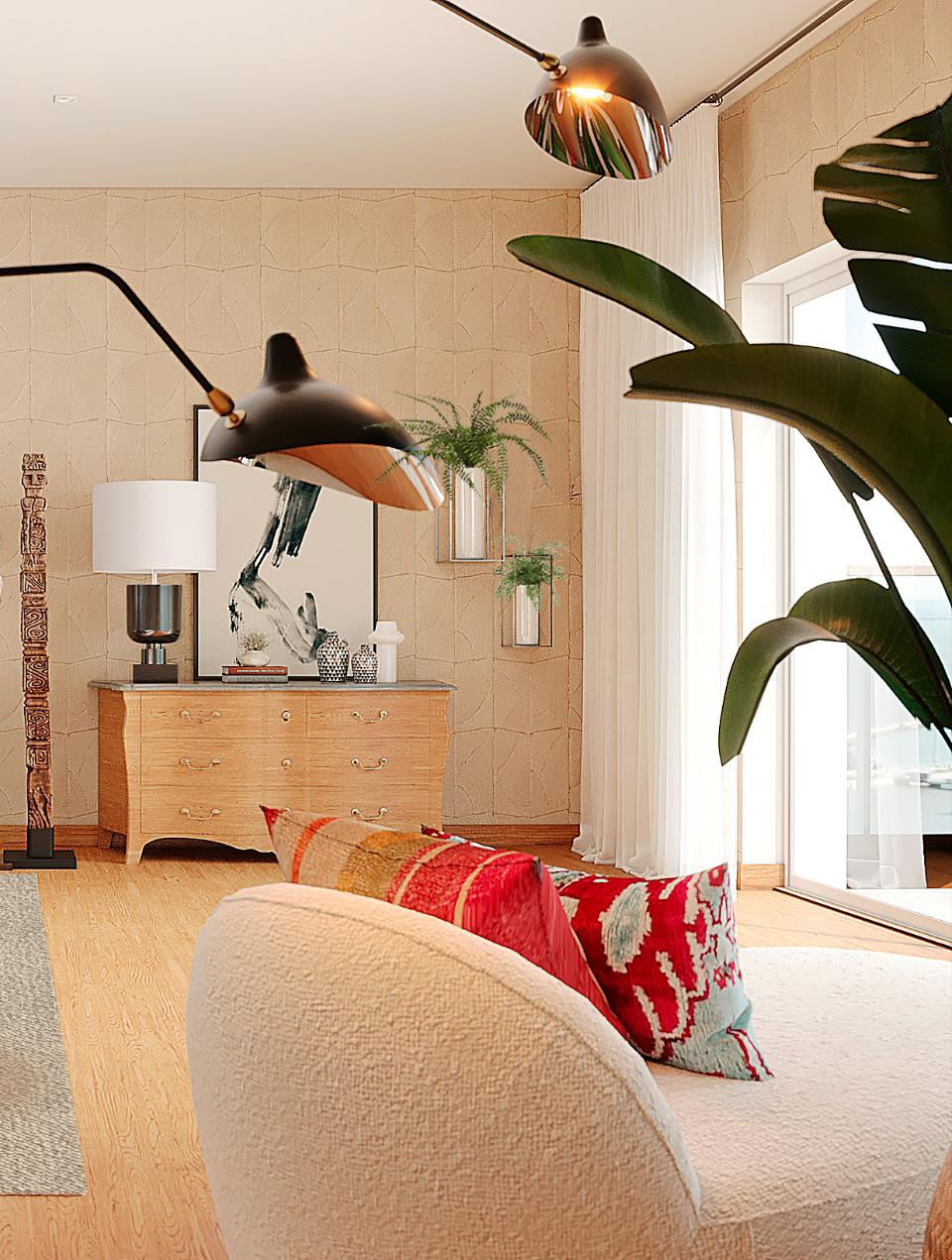 Decoração de sala de estar da autoria de Margarida Bugarim, base em tons neutros com almofadas decorativas a assumir a cor