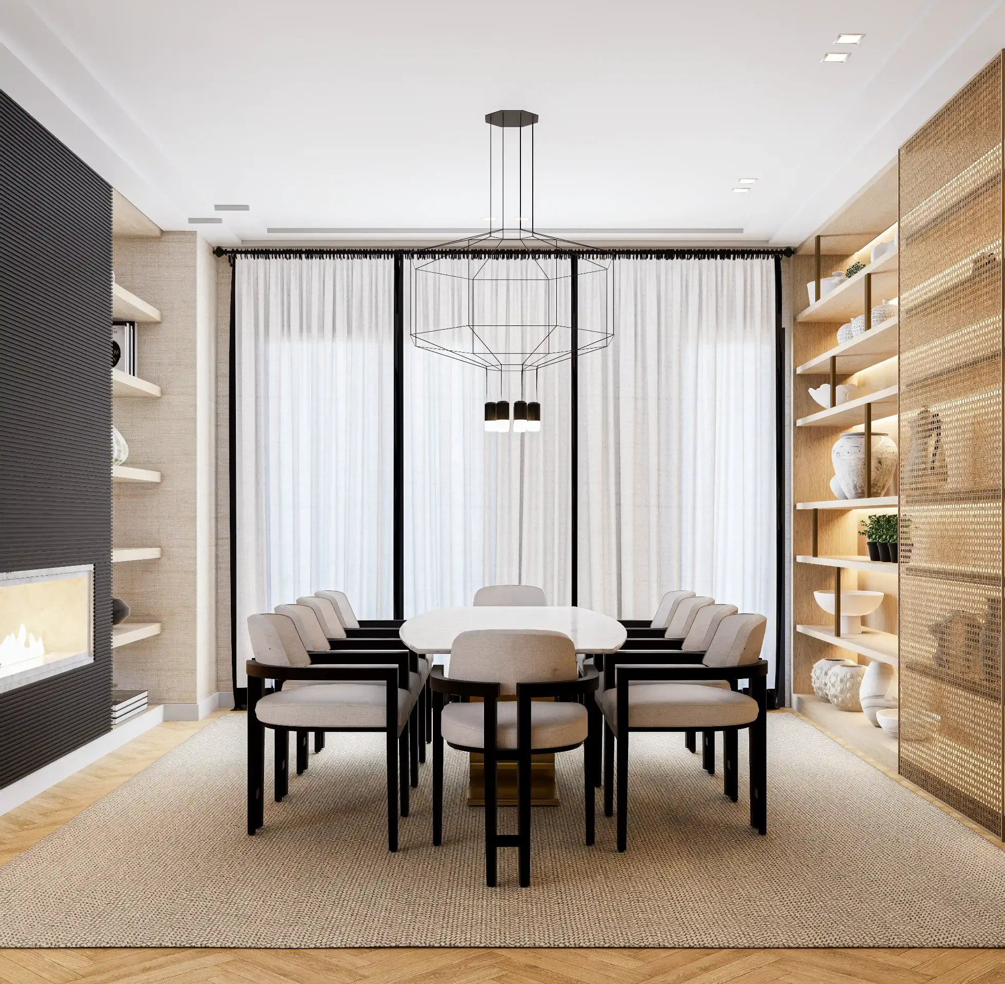 Sala de jantar contemporânea com louceiro desenhado por medida em carvalho com portas em palhinha, mesa com tampo em pedra e cadeiras contemporâneas