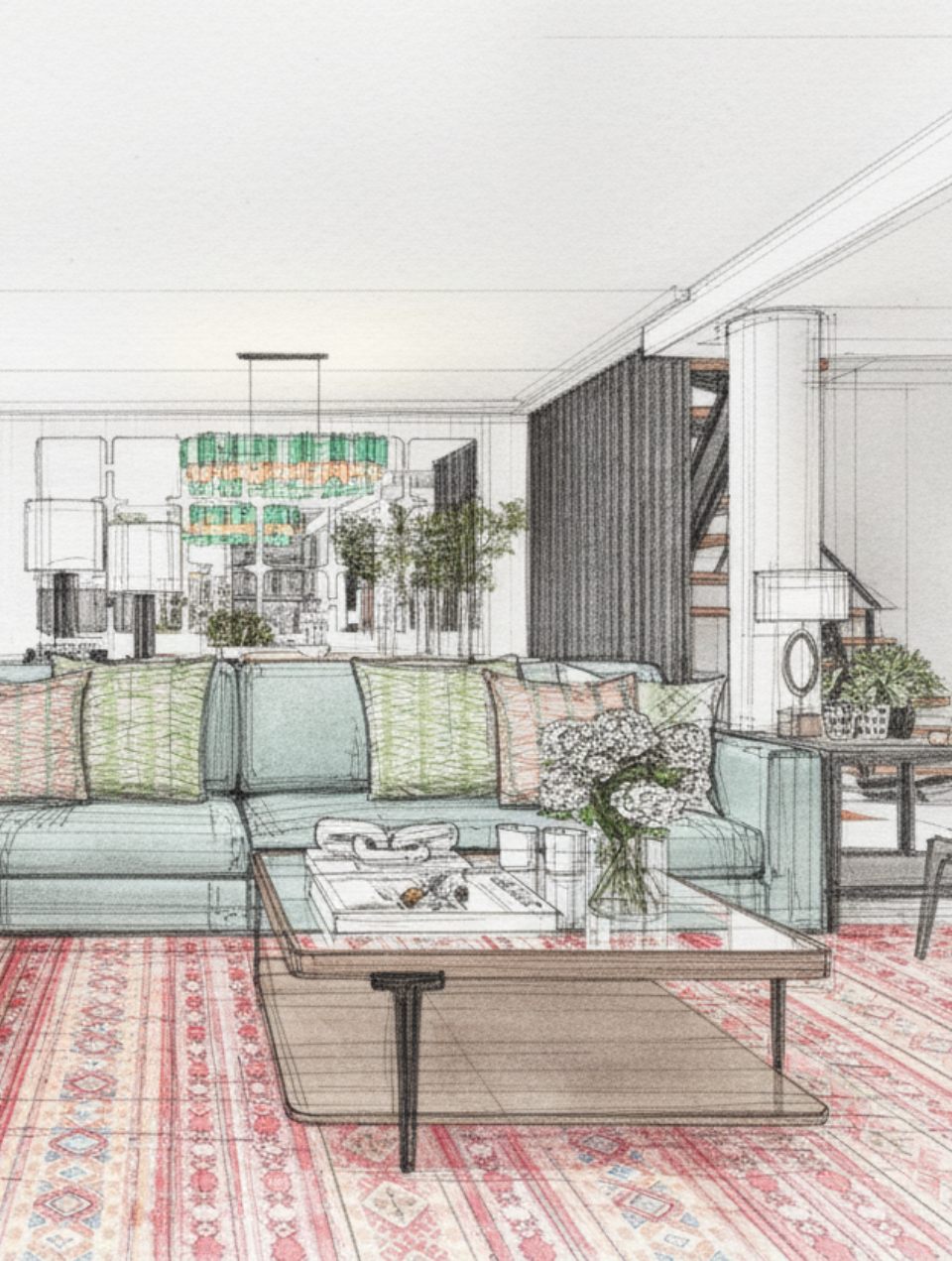Concept design for the interior design of a living room in a house. Living room with large green sofa, coffee table and ethnic rug.
