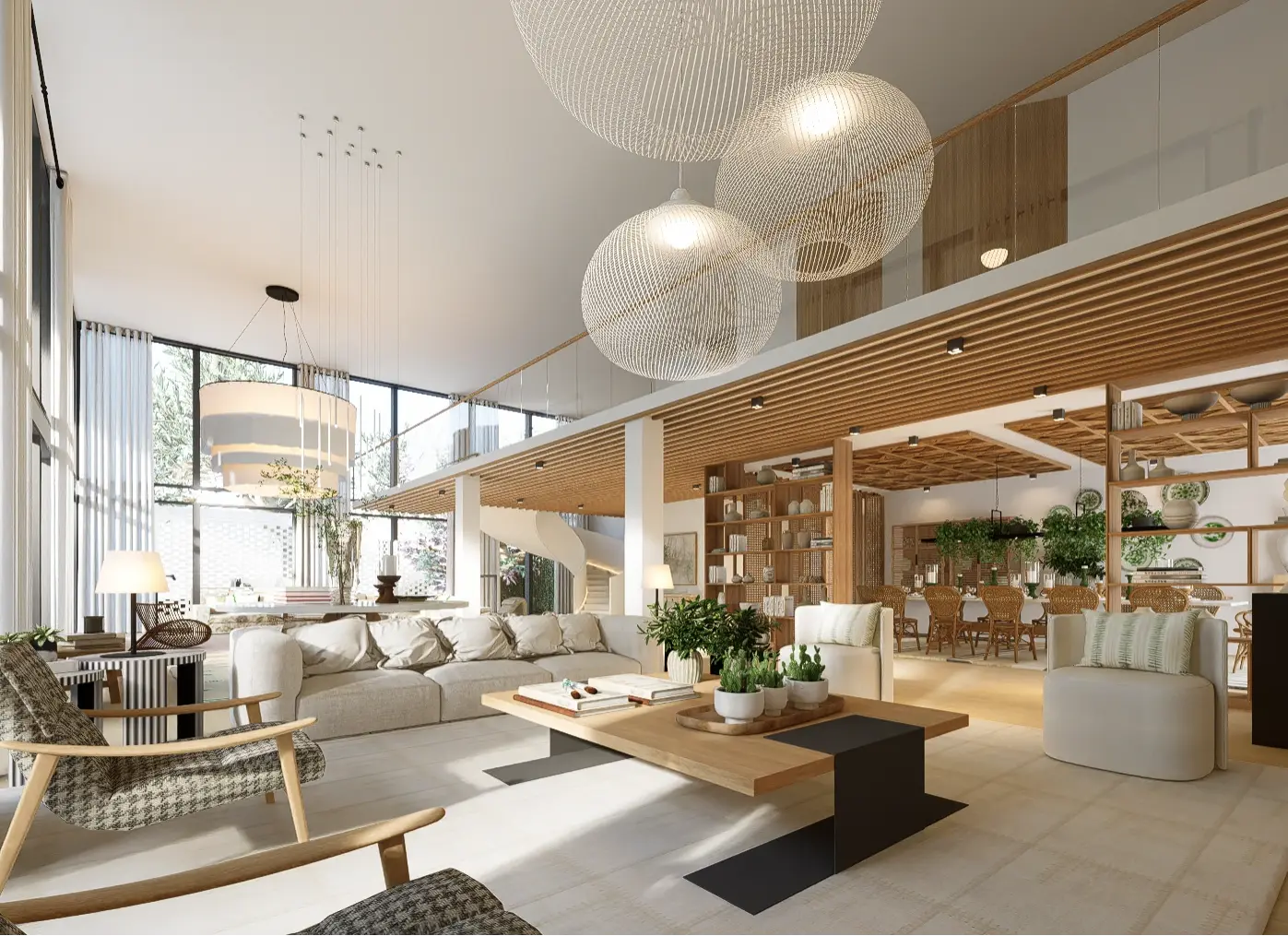 Living room design featuring double-height ceilings, decorated in neutral tones, with a very comfortable beige sofa and an oak coffee table