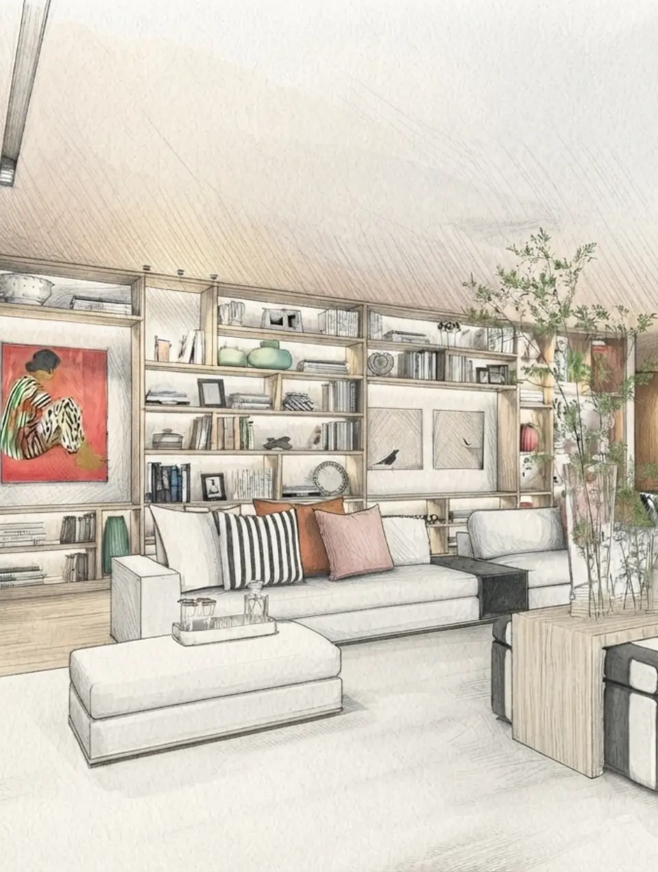 Detail of a custom-designed bookshelf for the living room in an apartment in Estoril, featuring a contemporary white sofa and a coffee table